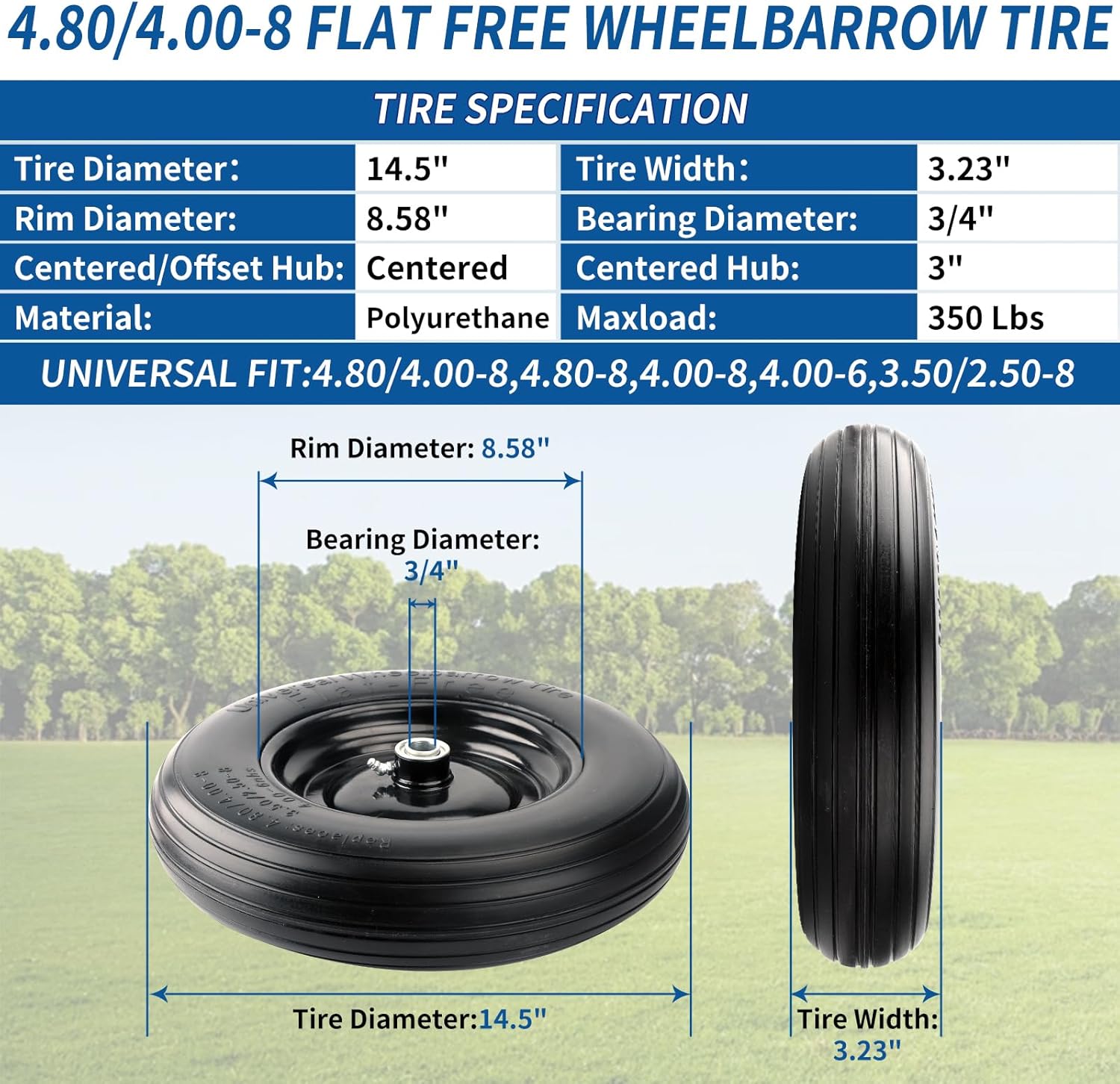 RRQ 4.80/4.00-8 Flat Free Tire and Wheel, 14.5" Solid Wheelbarrow Wheel, Universal Fit 3"-7" Hub, 3/4" Bearings and 5/8" Iron Axle Tube, Replacement for Hand Truck, Generator, Cart and More (1-Pack)