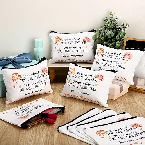 Miniatura 6 de Silkfly 10 bolsas de cosméticos arcoíris con citas inspiradoras, bolsas de maquillaje You Are Enough Worthy Loved Gift Bag Positive Makeup Bag para