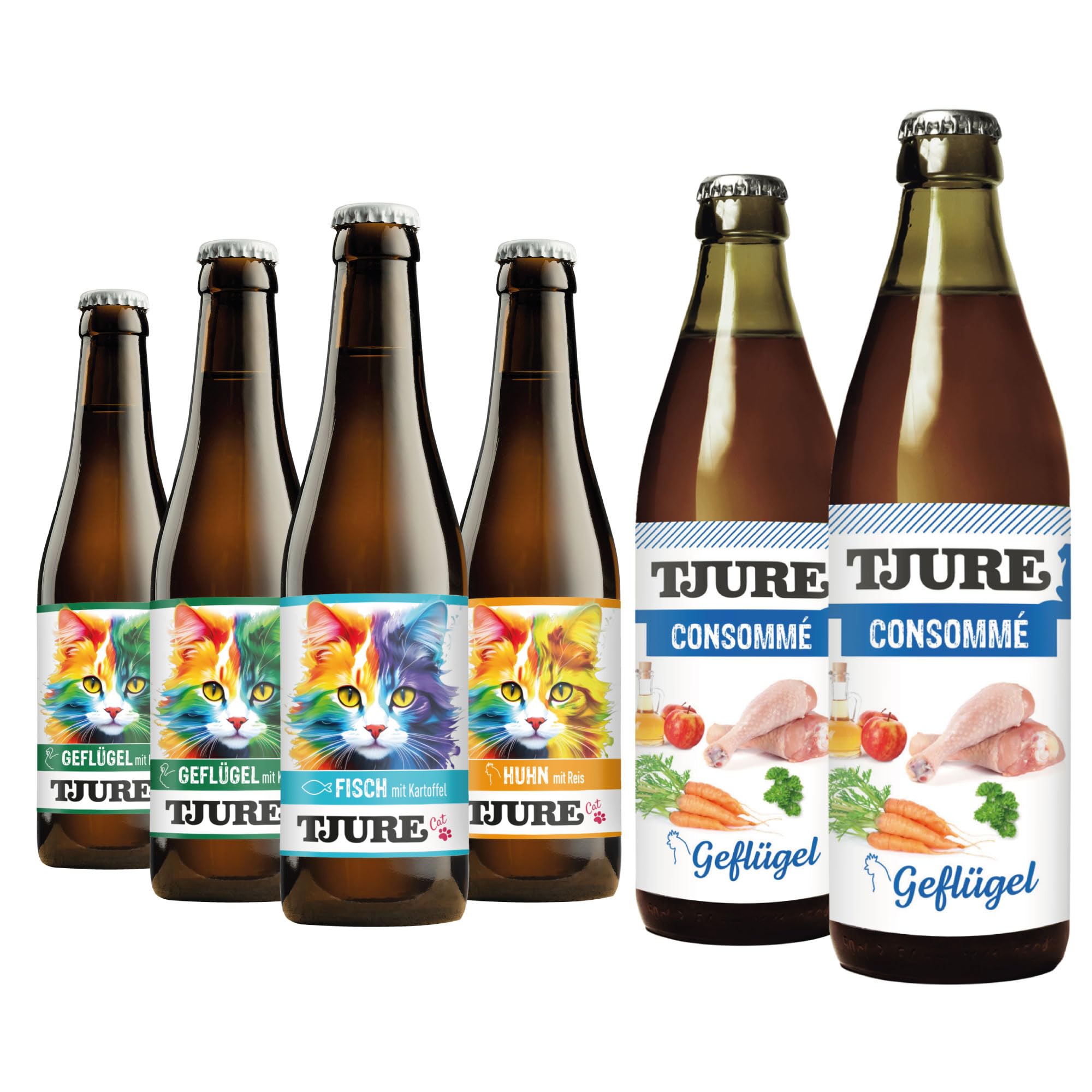 TJURE Katzensmoothie 4 + 2 Kraftbrühe Set | Ergänzungsfuttermittel für Katzen | 4 x 220 ml + 2 x 320 ml | Ideal als Futter Topping & Leckerli | 100 % natürliche Zutaten | Made in Germany
