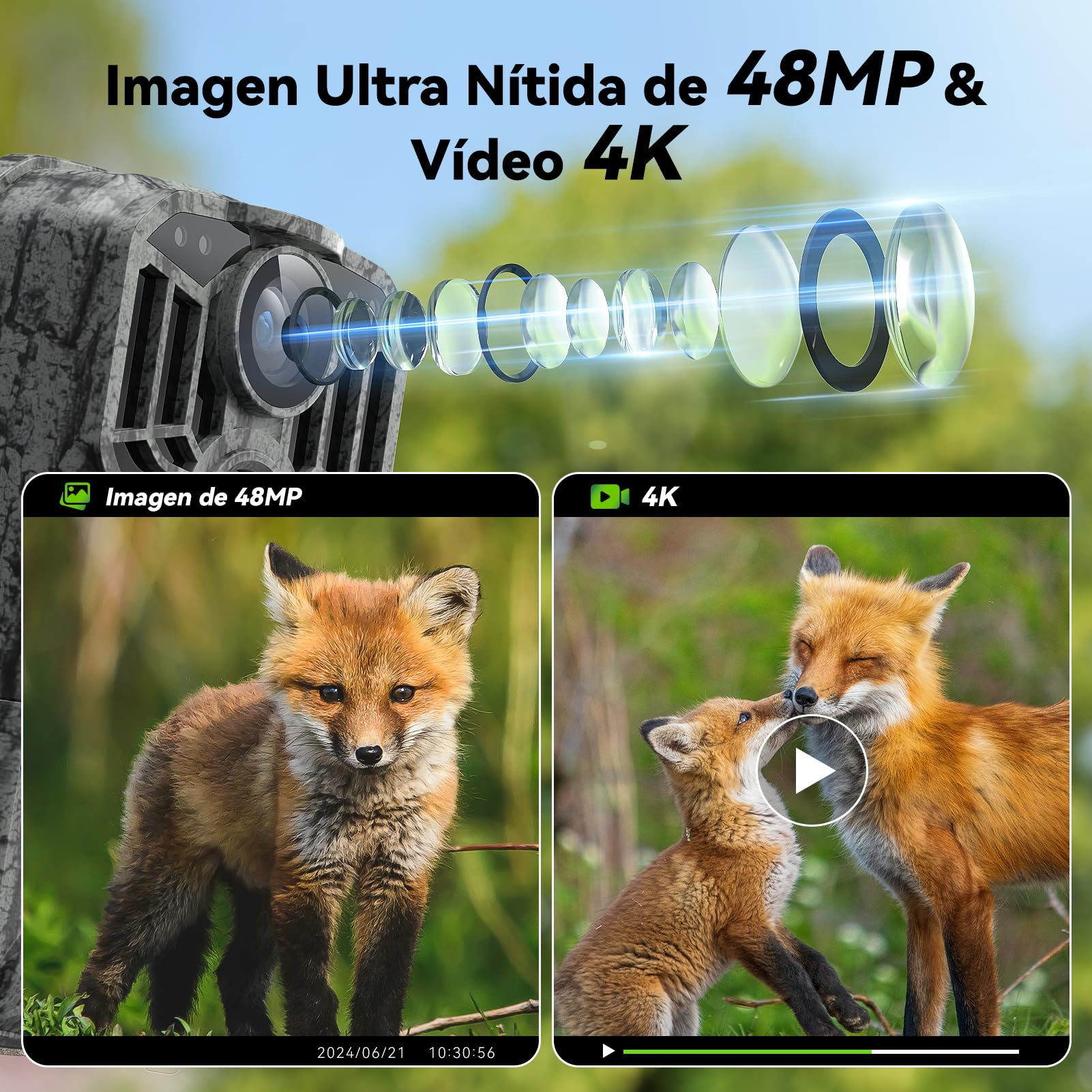 DEATTI Camara de Caza WiFi 4K 48MP,8 Pilas AA Tarjeta 32G Camara Fototrampeo con 0.1s Velocidad de Disparo y Gran Angular de 120° Camara Caza, IP66 Impermeable