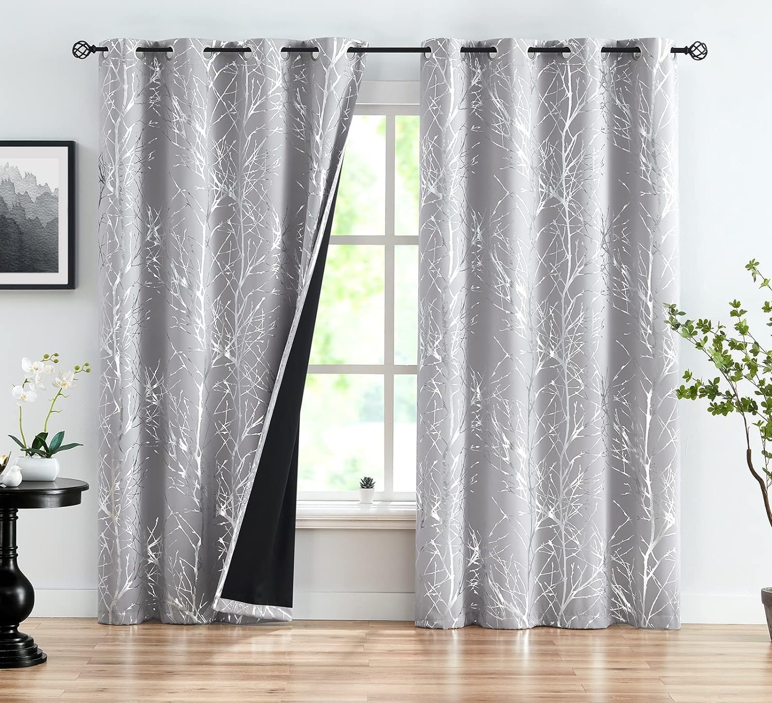 MAQUE Plata Cortinas Salon Dormitorio Rama de áRbol 3D Cortinas Salon Opacas Estampadas Cortina Opaca Termica Aislante con Ojales 2 Piezas A 140 x L 225 cm