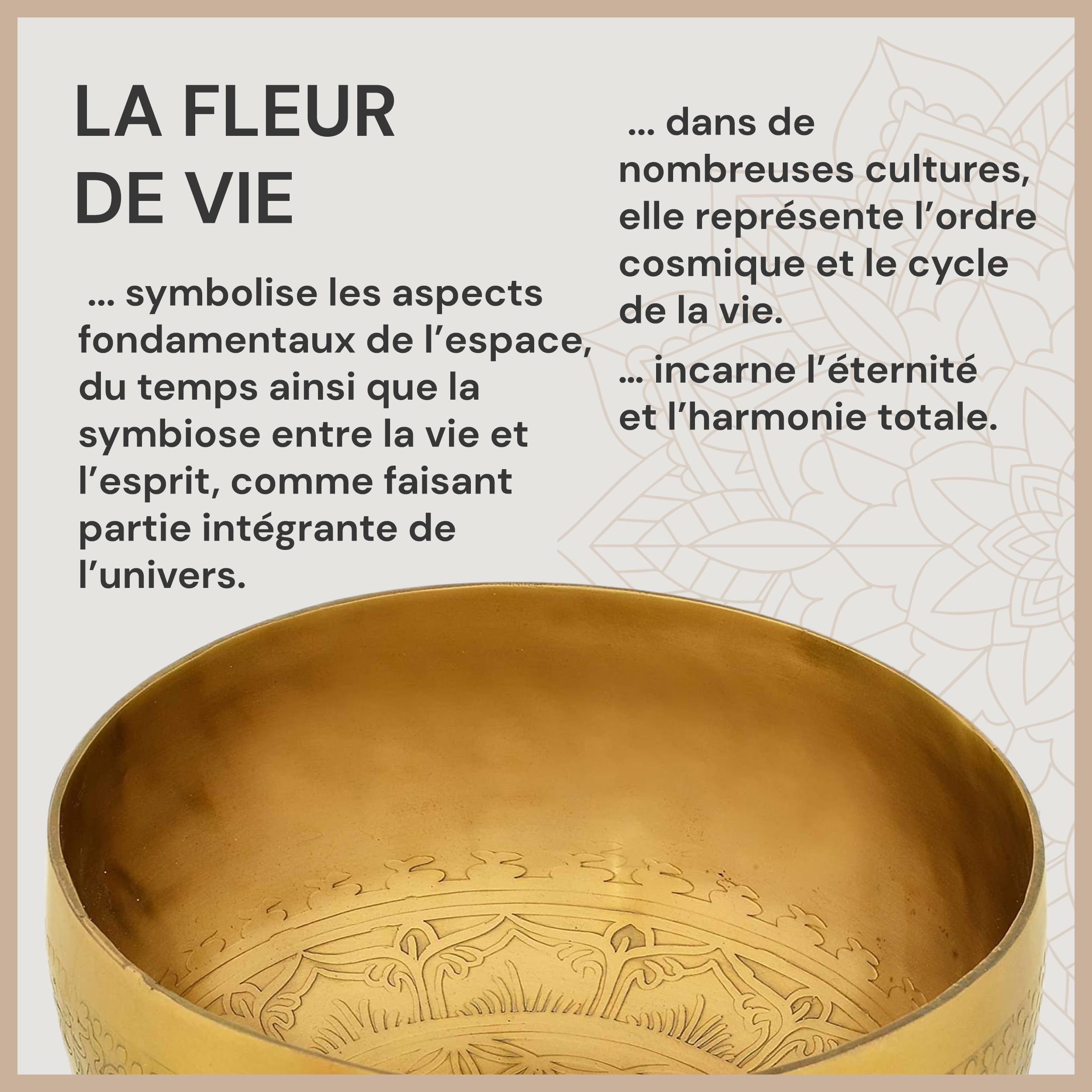 Bol chantant tibétain, motif fleur de vie, pour yoga, méditation et détente, diamètre : 20 cm, 1100 g, surface mate, fait à la main traditionnel, de qualité professionnelle