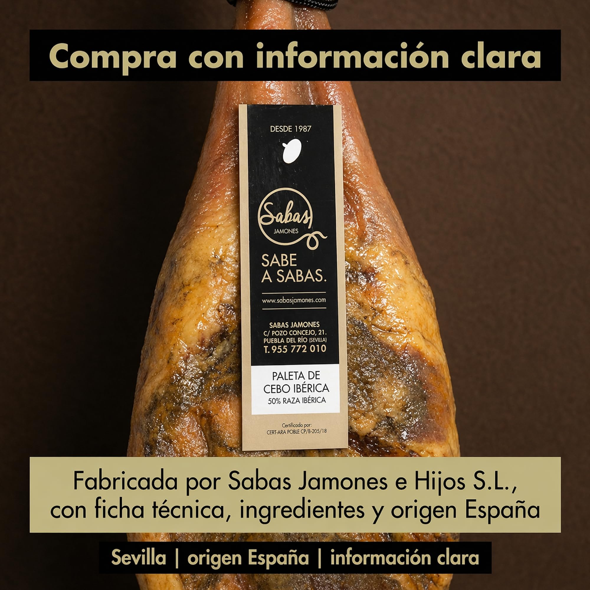 Paleta Iberica de Cebo Pieza Entera 50% Raza 5,5 Kg Curacion 22 Meses | Paletilla curada en secadero natural, sin gluten, ideal jamonero, regalo gourmet navideno y celebraciones