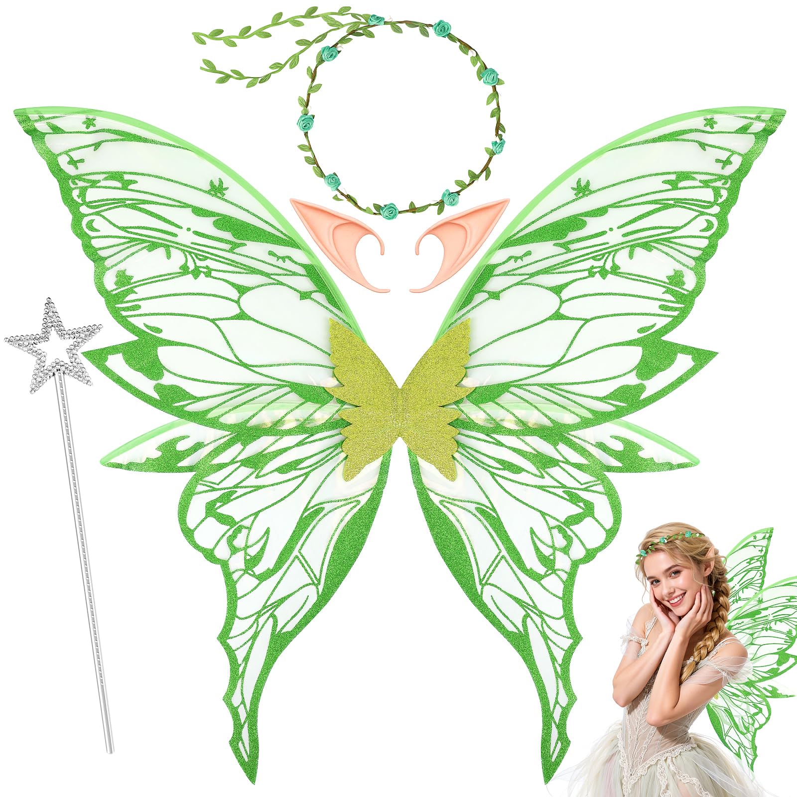 UxClishe 4pcs Fairy Wings Adult Costume Set, Fairy Accessories Fancy Dress with Sparkling Butterfly Wings Floral Headband