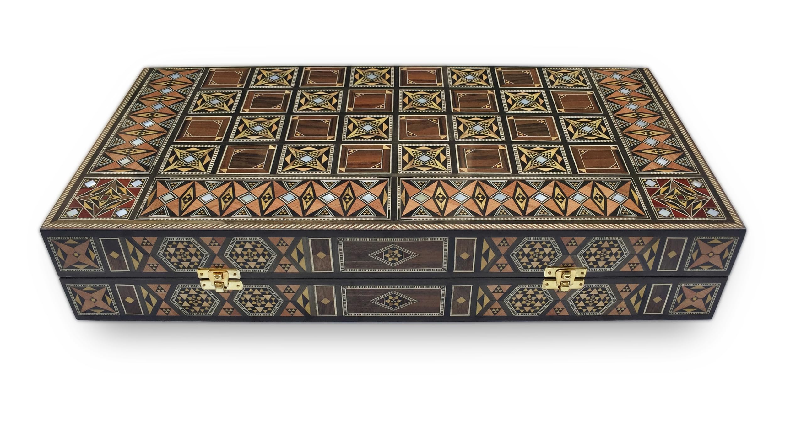 Nuovo 50 x 50 cm in legno Backgammon Tavla/Gioco di scacchi/DAMA,Tavla,Original intarsien Artigianato fatto a mano, Brett BK 50 con 30 pietre di backgammon in legno e con personaggi di scacchi da 97