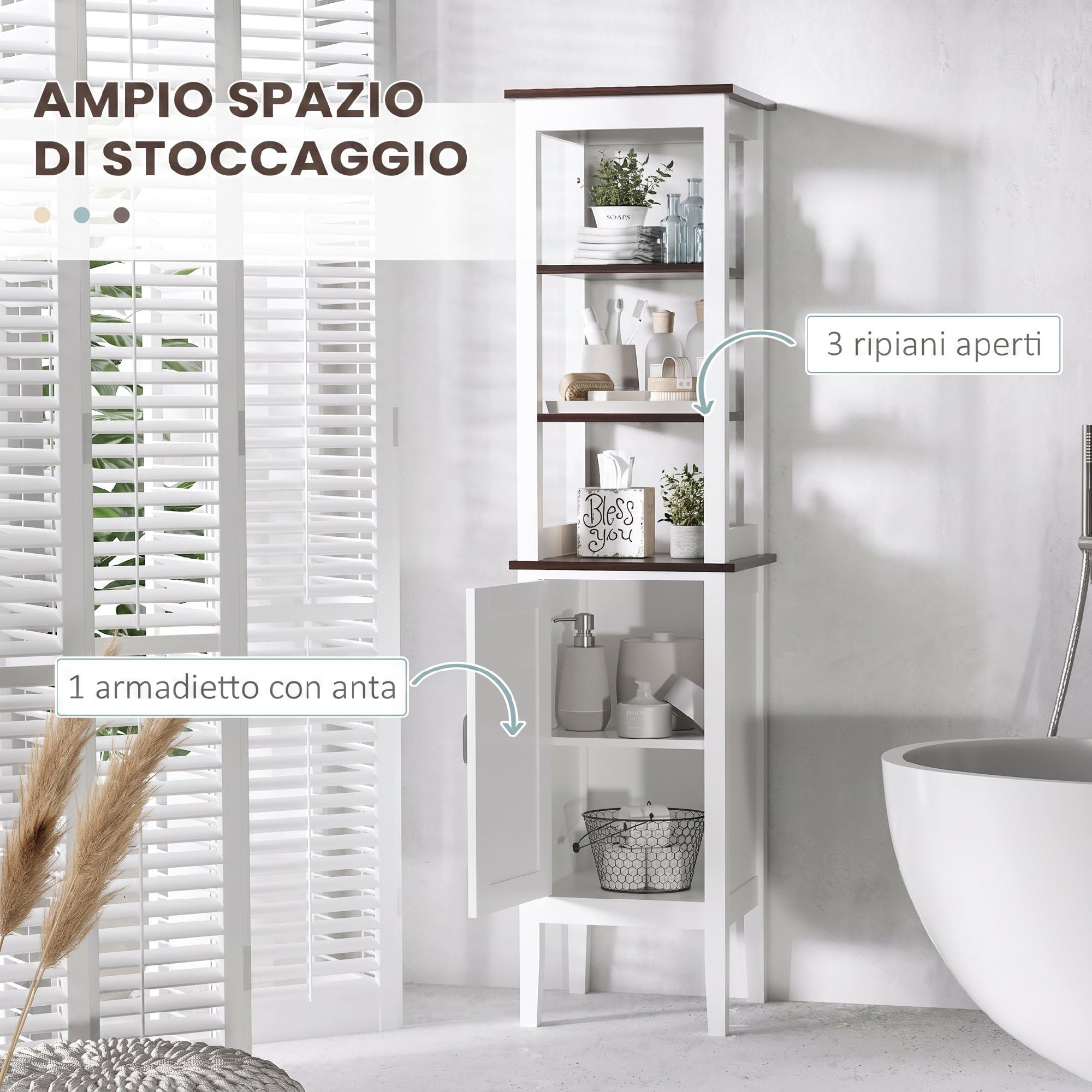 HOMCOM Mobile Bagno Alto Stretto con 3 Ripiani Aperti 40x38x162.5 cm Bianco | Mobiletto Bagno Salvaspazio, Ripiano Regolabile, per Lavanderia