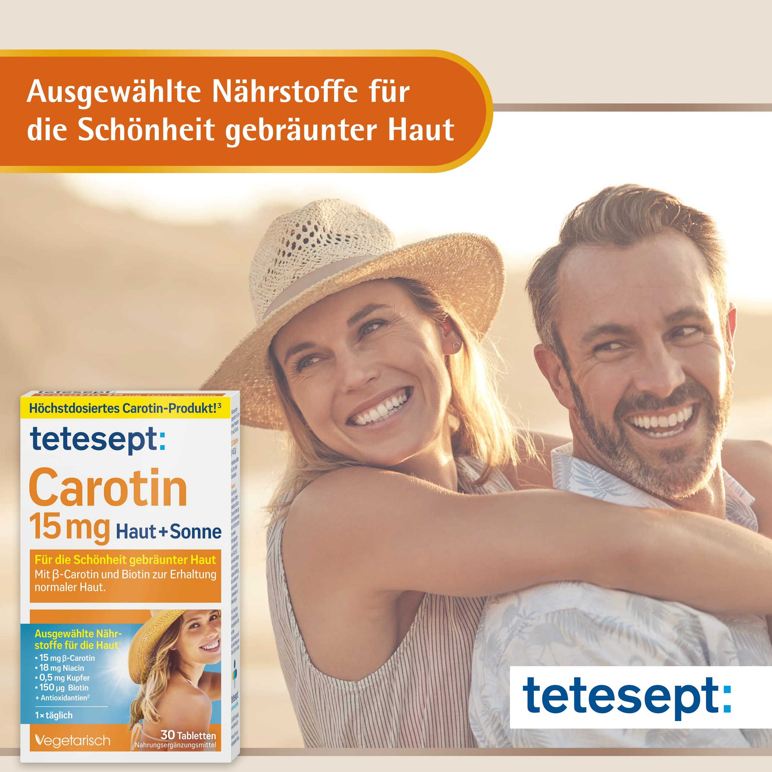 tetesept Carotin 15 mg Haut + Sonne – 5 x 30 Tabletten – Haut Vitamine für die Schönheit gebräunter Haut – Nahrungsergänzungsmittel mit β-Carotin und Antioxidantien