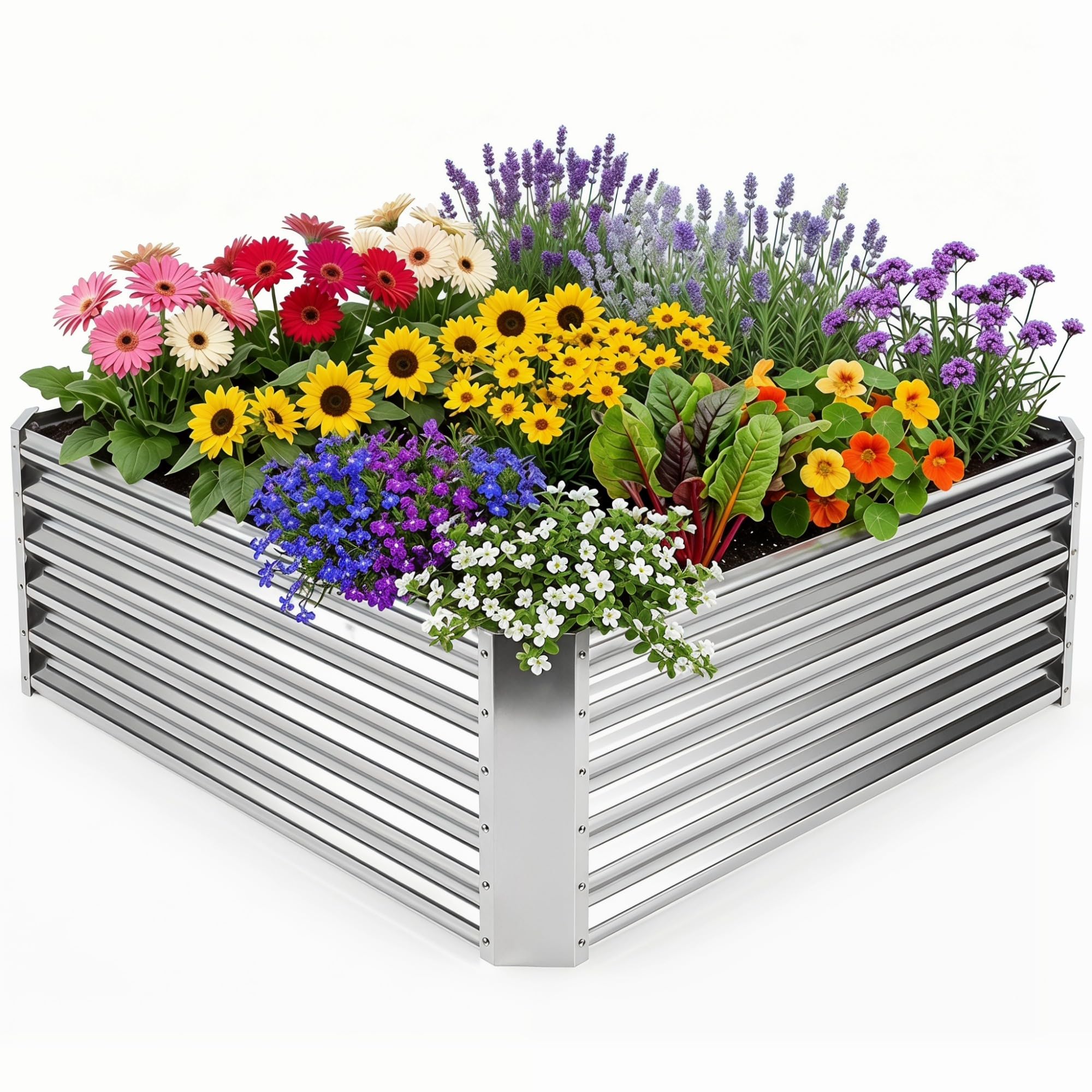 HOMASIS Hochbeet, rechteckiges Gartenbeet aus verzinktem Metall, Pflanzkasten mit offenem Boden, Blumenkasten für Gemüse & Blumen, Gemüsebeet für Garten & Terrasse, Silber (124 x 124 x 44,5 cm)