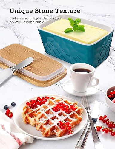 Miniatura 6 de Mantequillera con tapa plato grande para mantequilla para encimera, recipiente de mantequilla de cerámica con cuchillo doble sello de silicona,
