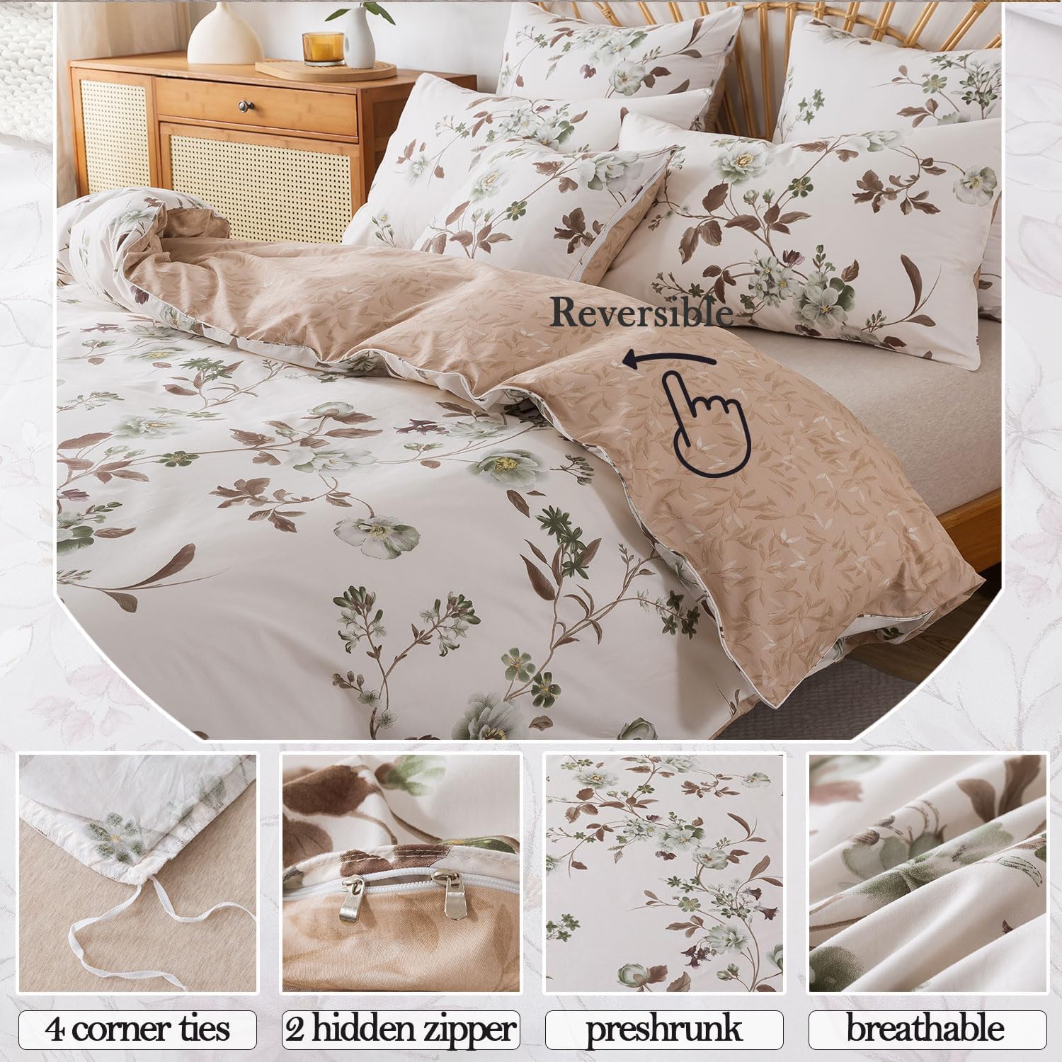 FADFAY Floral Duvet Cover Sets Full Size 100% Cotton Green Roses Flowers Pattern Beige Comforter Cover Vintage Countryside Bedding for All Season Soft Crisp Reversible Bed Cover 3Pcs
