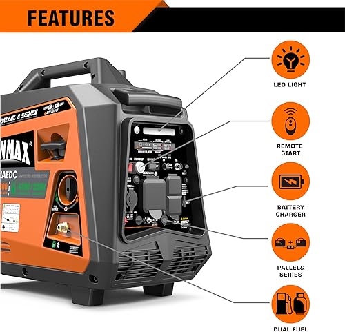 Miniatura 12 de GENMAX Generador inversor portátil, motor de gas o propano súper silencioso de 3500 W con capacidad paralela, arranque remoto/eléctrico, ideal
