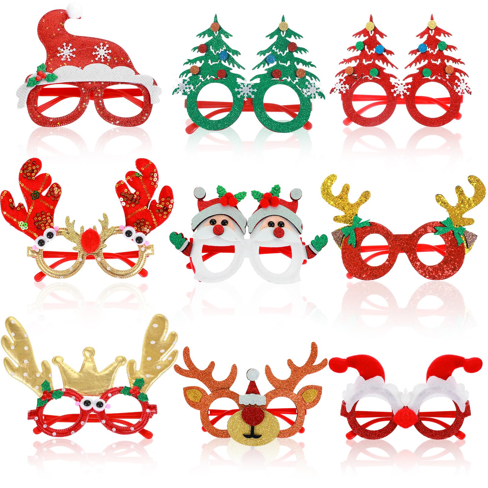 Quilax 9 Pcs Christmas Glasses, Glitter Decorations Eyeglasses Frames for Christmas Party Favors, Stocking Stuffers, Costume Funny Glasses Party Supplies for Photos(One Size)