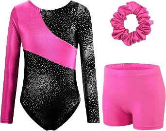 XiaoMoSha Gymnastics Leotards for Girls Long Sleeve with Shorts and Hairband Set Sparkly Dance Biketards for Kids 3-12 Years