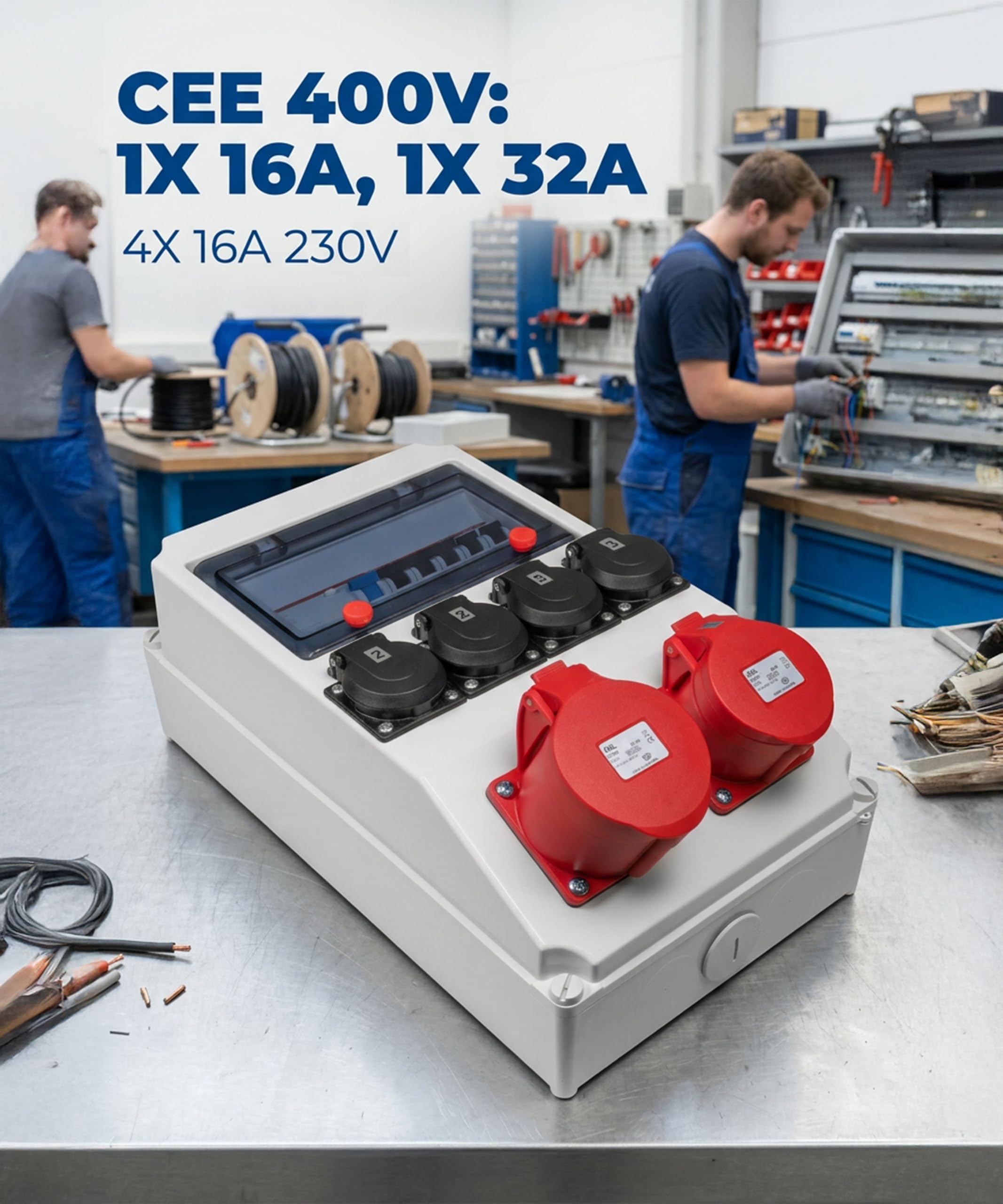 JÄGER Votha Wolfsburg - Distribuidor de pared, caja de distribución de pared (montaje en superficie, con cable ABB FI & LS, 2 x CEE 16 A/32 A 400 V, 4 x enchufes de 16 A 230 V, VOTHA Wolfsburg