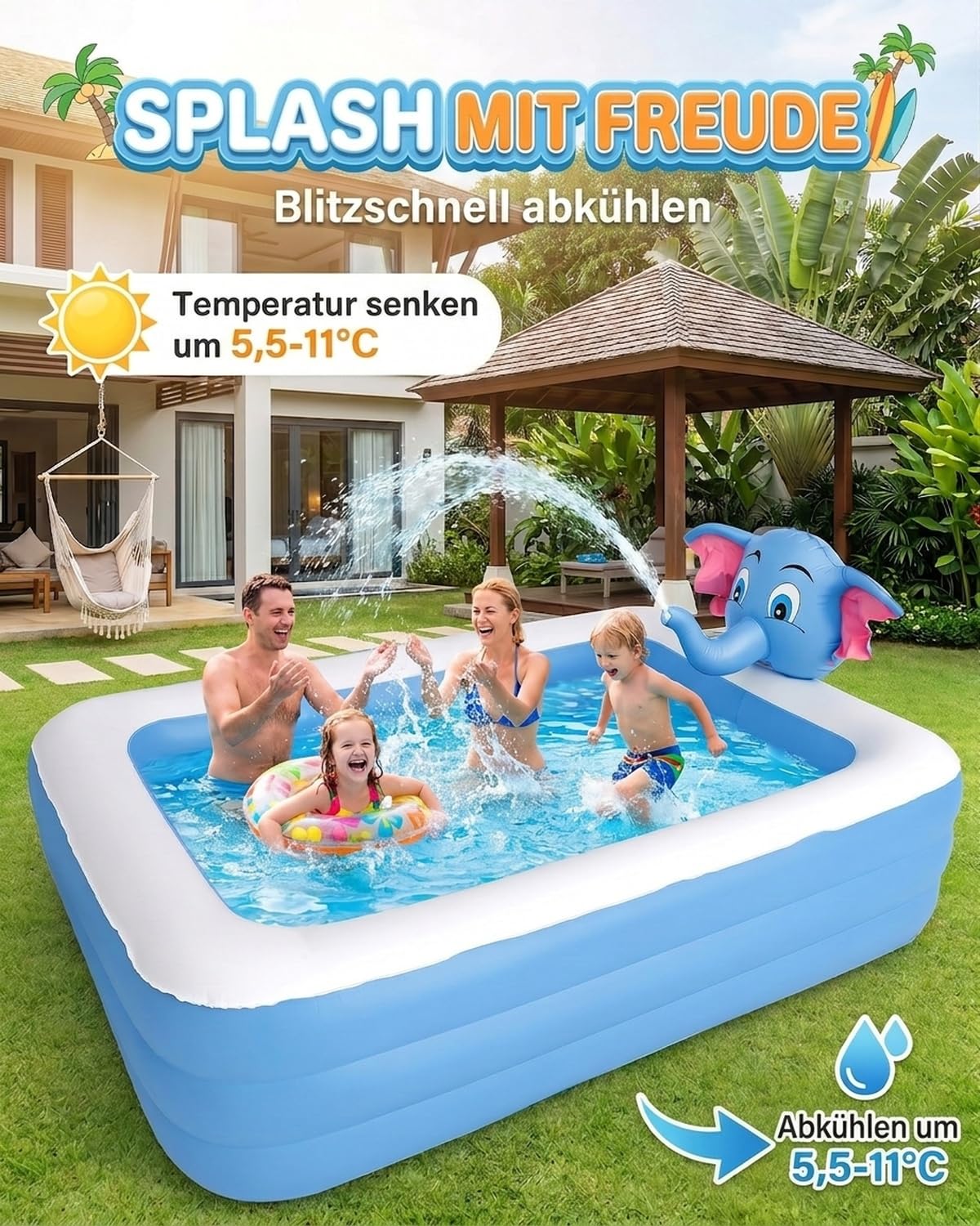 Aufblasbarer Swimmingpool Planschbecken mit Sprinkler 3D-Elefantenkopf 200 x 150 x 50 cm Familienpool
