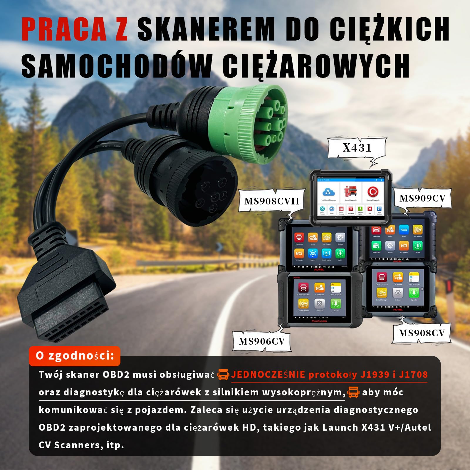OBD do typu 2 Zielony 9-pinowy J1939 i 6-pinowy J1708 do OBD2 Split Y, pasujący do złącza diagnostycznego Freightliner do ciężarówek z silnikiem wysokoprężnym, adaptera OBD2 do pojazdów użytko