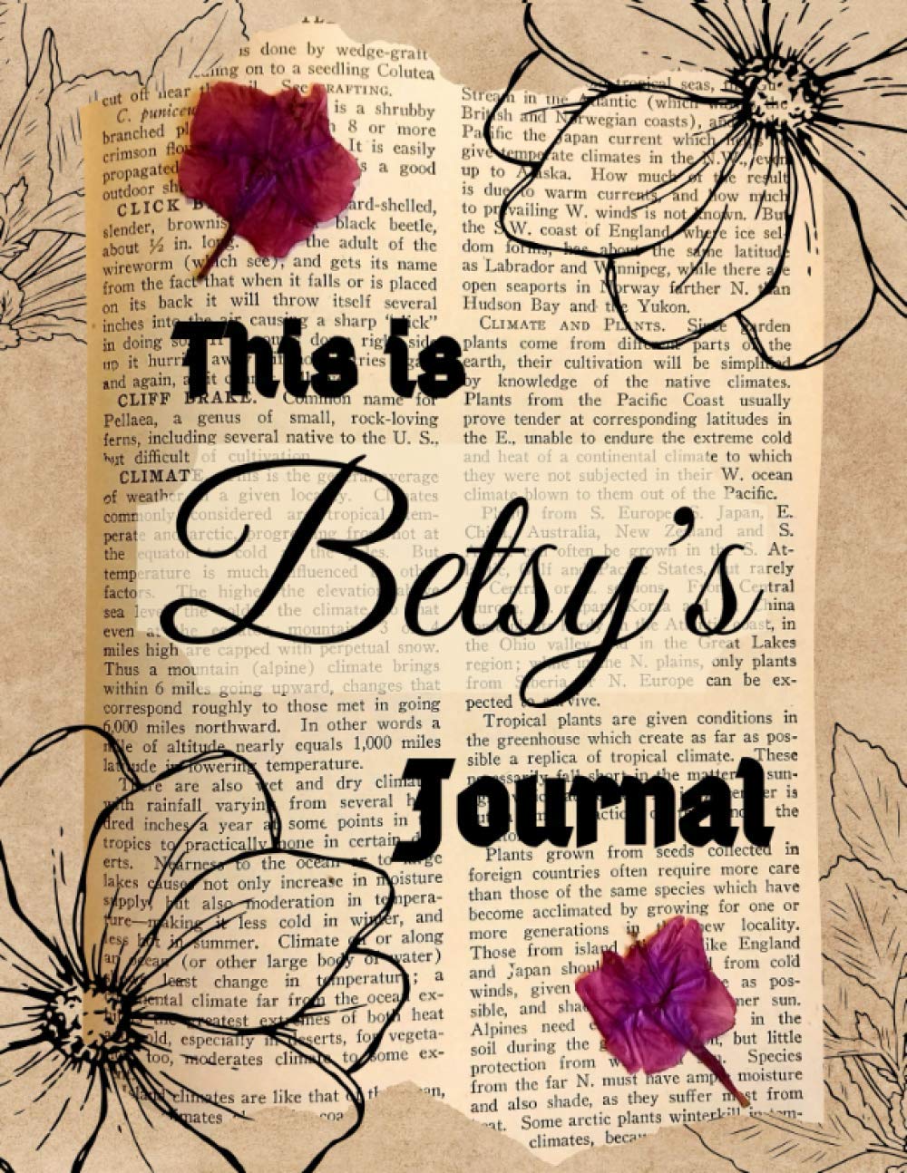 This is Betsy’s Journal: Custom Name Personalized Journal with old paper, dry flowers and flower drawings. Brown board Flowered Notebook with Name