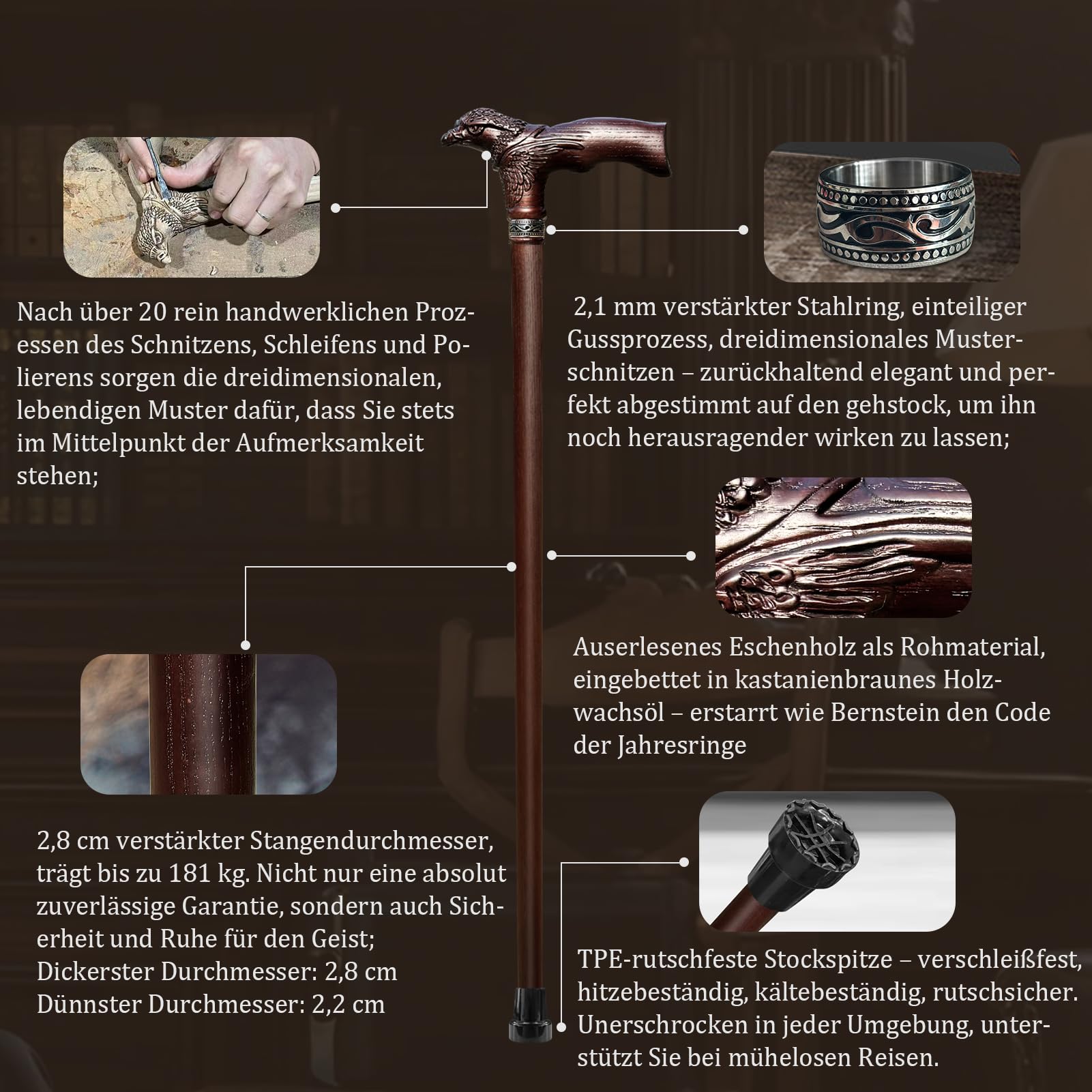 Handgeschnitzter Gehstock Holz Adlerschnitzerei Ergonomische Elegante Gehstock Herren Damen Holz Tragkraft bis zu 181 kg Stabile Gehstöcke für Senioren für den Täglichen Gebrauch