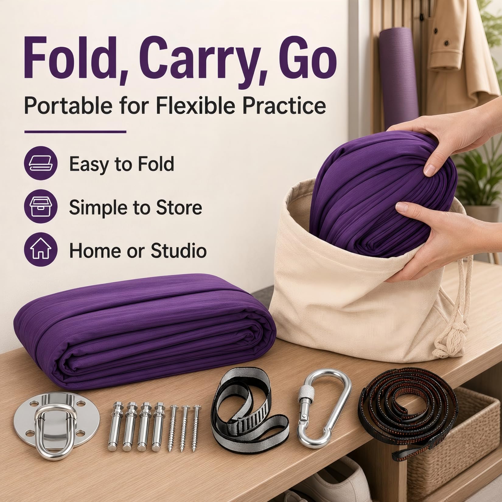 Hamaca de Yoga aérea de 280x150 cm, Columpio Colgante para Yoga con Accesorios, soporta hasta 200 kg, Ideal para Entrenamiento y estiramientos (Morado)
