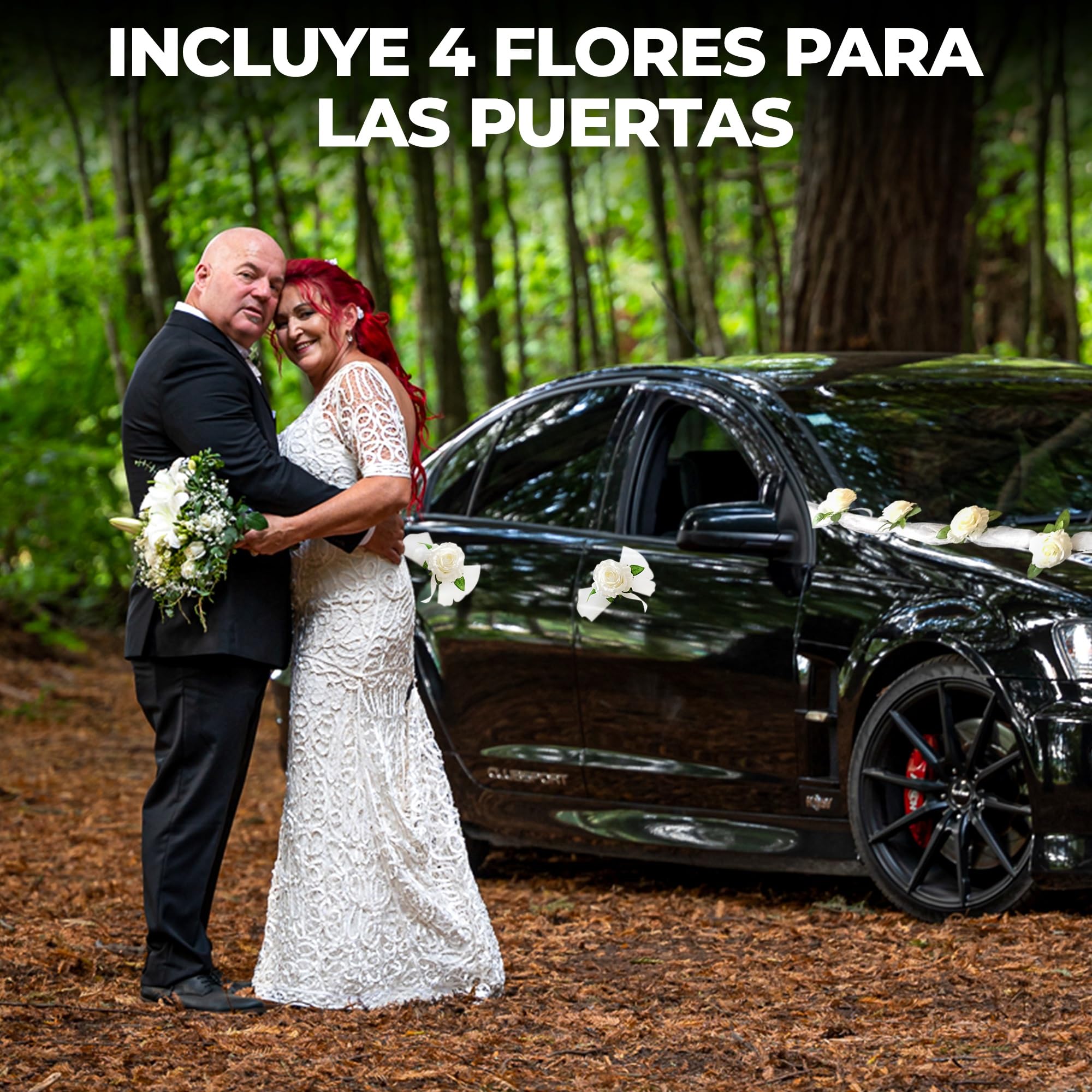 Nueva Vida Guirnalda de Flores de Seda para el Coche de Boda de 2 x 180 cm, Incluye 4 Extra Flores Individuales para Tiradores de Puerta