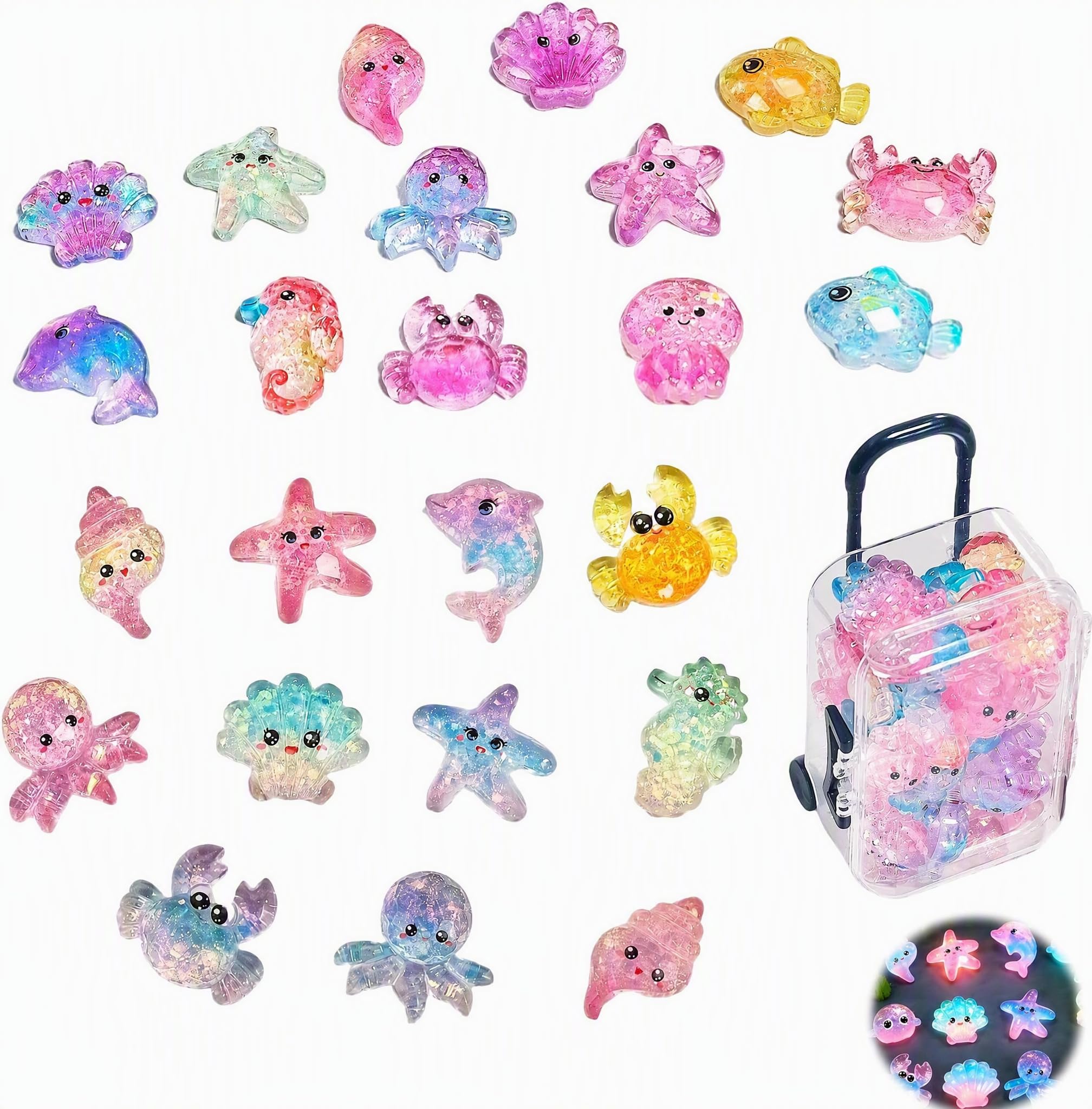 35 Pcs Luminous Mini Resin Ocean Creatures Figurines with Suitcase Box