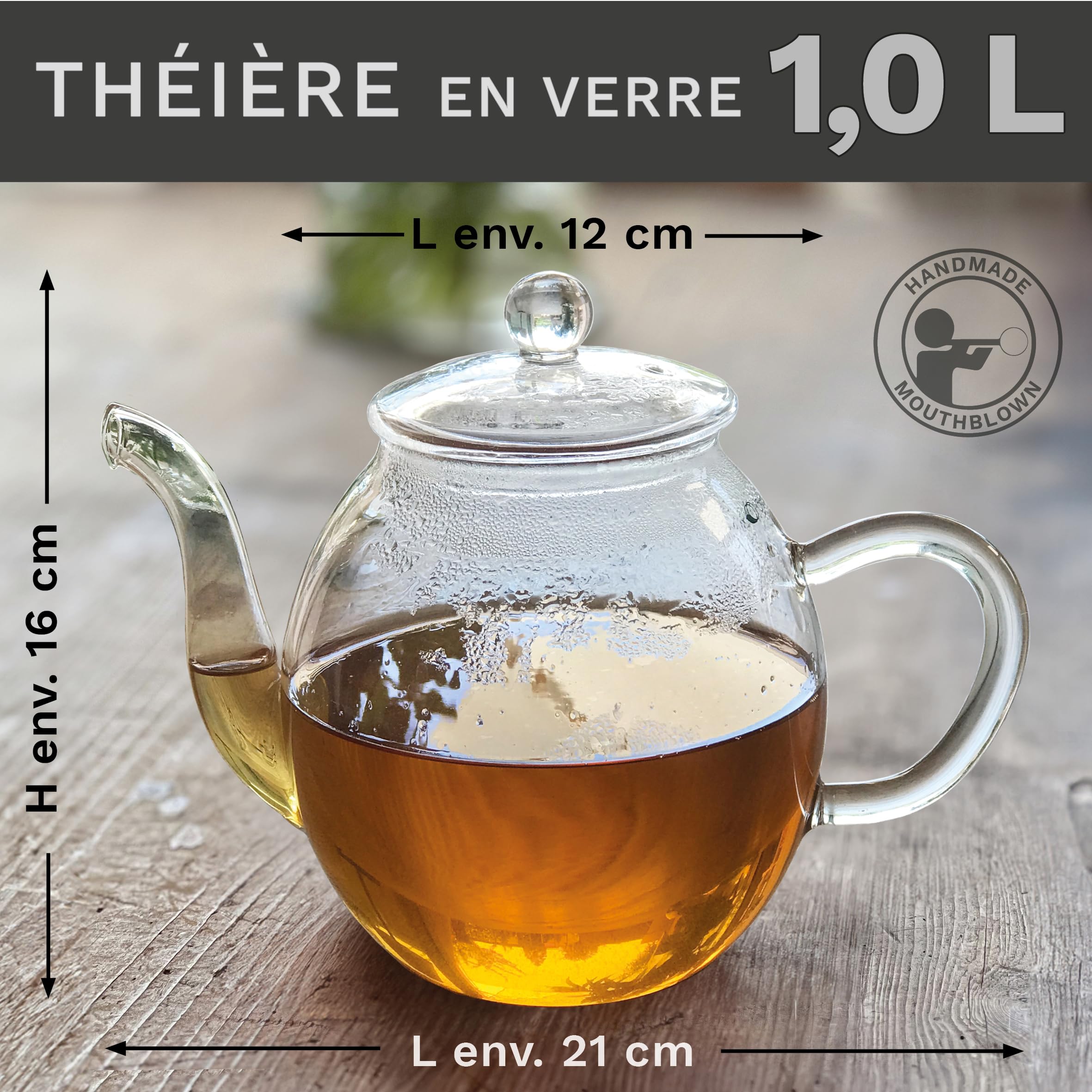 Creano Théière 1 l en verre borosilicaté "haute" avec filtre en acier inoxydable amovible et couvercle en verre – élégante et anti-goutte – pour thé en vrac et fleurs de thé