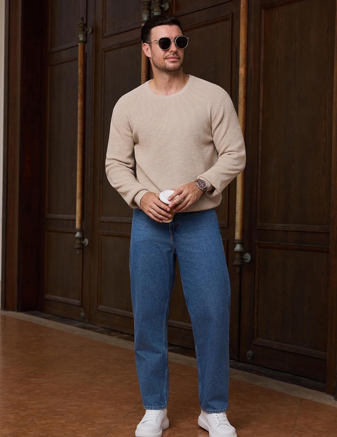 Vssjavun Mens Crewneck Sweater Winter Waffle Texture Raglan Sleeve Knitted Thermal Pullover Sweaters - Image 6