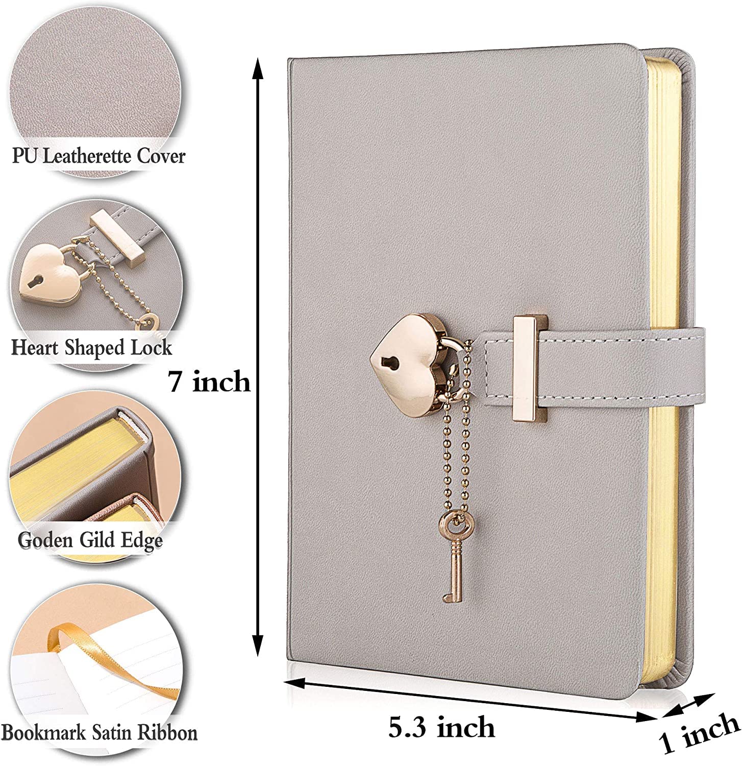 Personalized Diary with Lock and Key for Girls, B6 Size 5.3x7 inch, 290 Gold Edged Pages, Golden Heart Lock & Pen, Gift Journal for Teens & Women (Grey Diary With Name)
