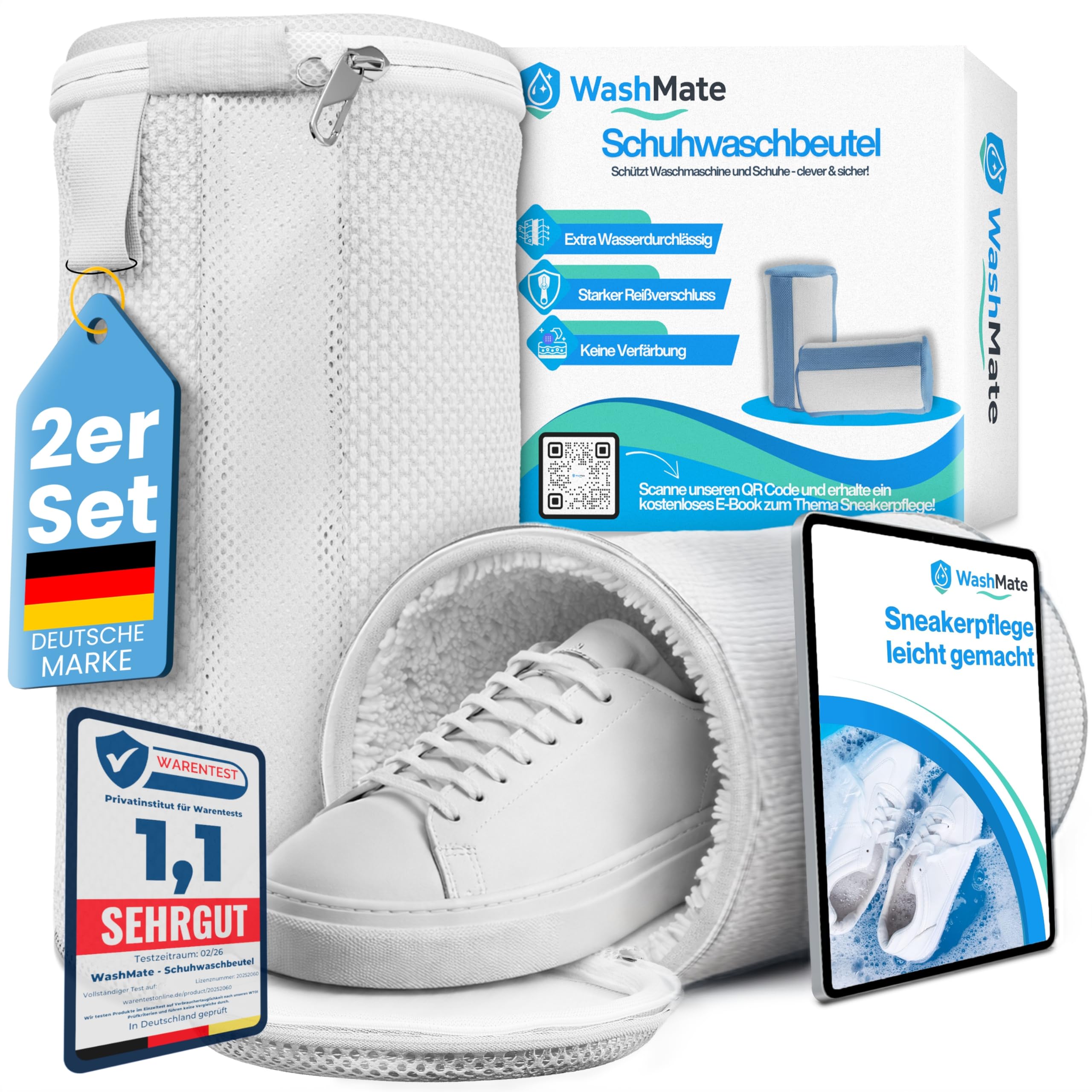 Schuhwaschbeutel Waschmaschine/Sneaker Waschbeutel 32x19 cm mit stabilem Metall-Reißverschluss/wasserdurchlässiger Wäschesack für Schuhe schützt Schuhe & Waschmaschine/Inkl. E-Book