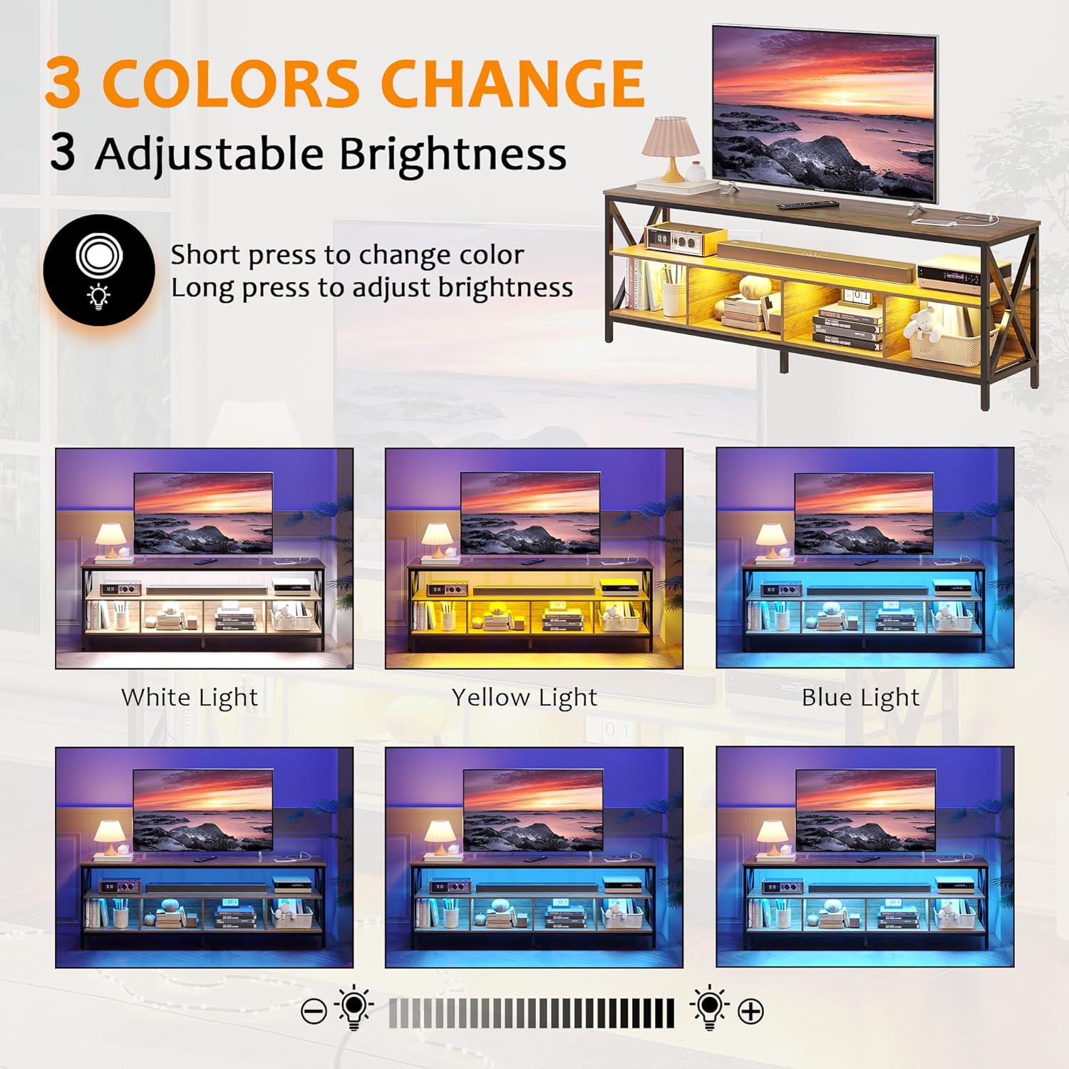 Illustrations showing the three LED light colors (white, yellow, blue) and brightness adjustment levels.