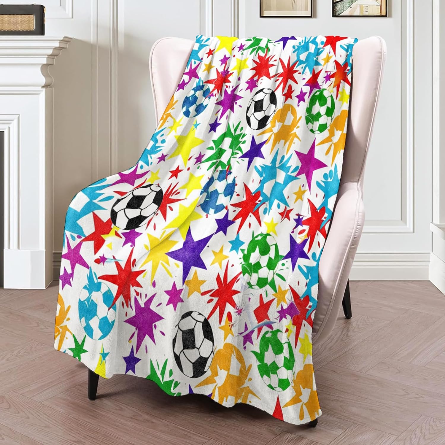 Funny Soccer Blanket,50×60 Inch,Colorful Star and Football Lightweight Flannel Throw,Soft and Warm Decorative Blankets for Bedroom Couch Travel,Gifts for Boys Teens Athletes Sport Lovers