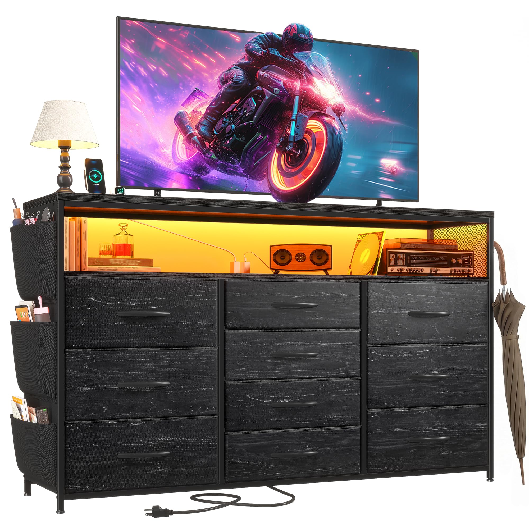 EnHomee Dresser with 10 Drawers, LED TV Stand for 55" TV with Power Outlets