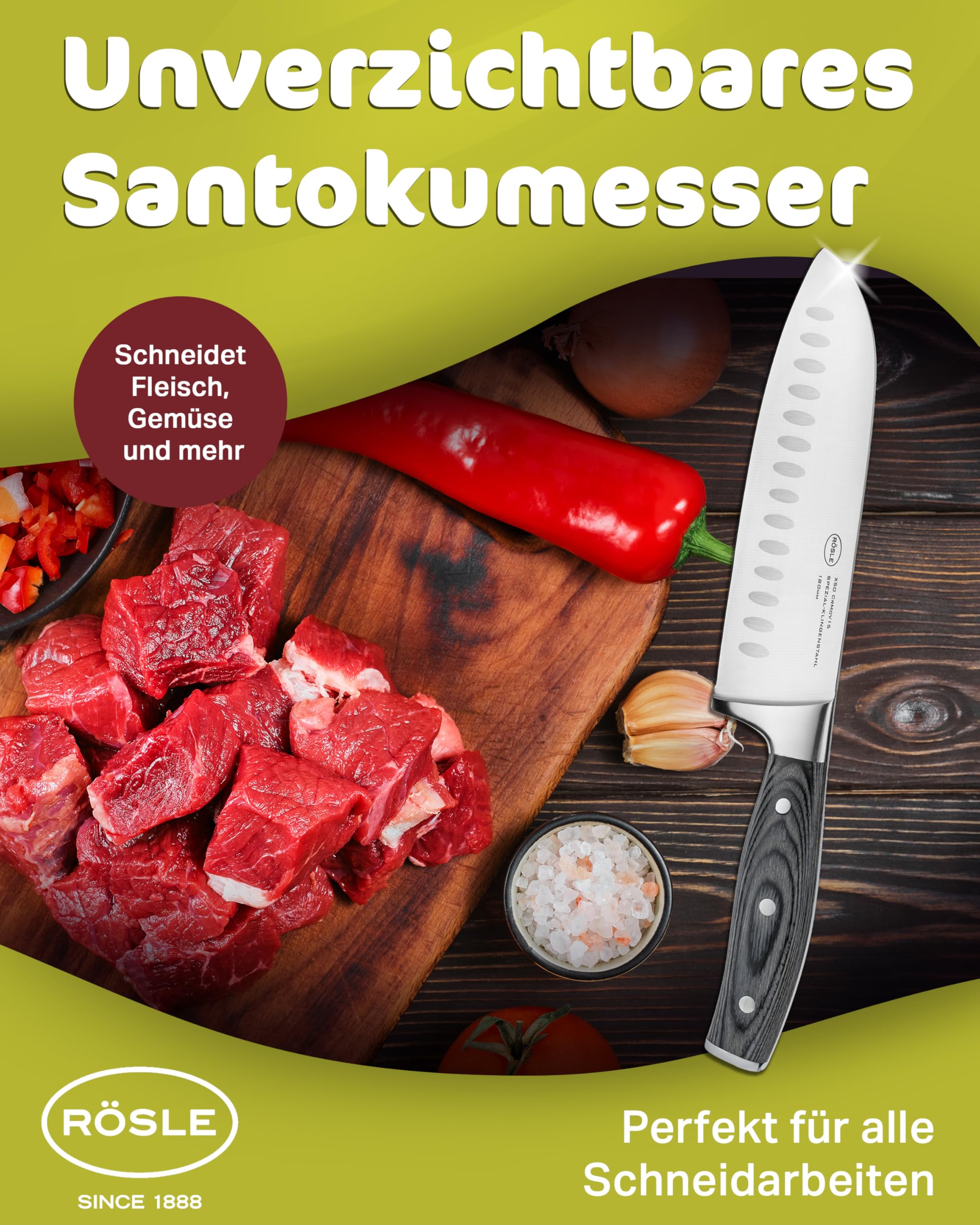 RÖSLE Santokumesser WOLFGREY 17,5 cm – Scharfes Küchenmesser & Kochmesser mit Kullenschliff – Santoku Messer, perfekt für Feines Schneiden, Würfeln und Hacken mit Leichtigkeit