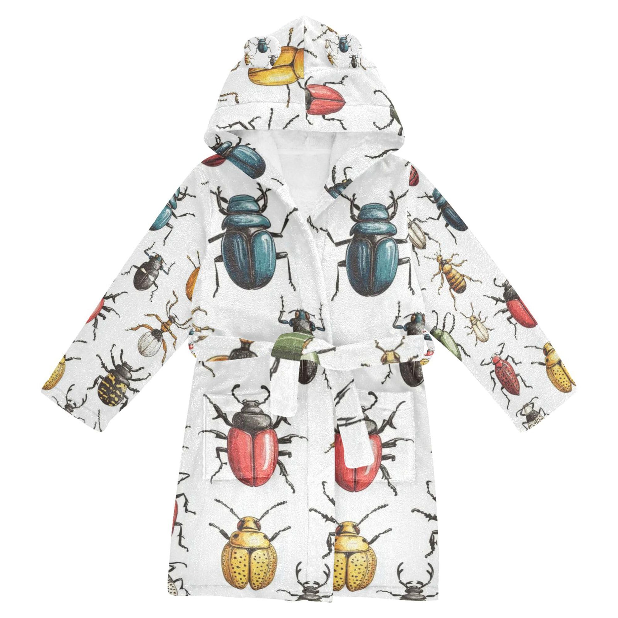 Glaphy Cartoon Insect Bugs Beetles Bathrobe Hooded Unisex PJ Robe Soft Fleece Robe Pajama Sleepwear 2-12 Years