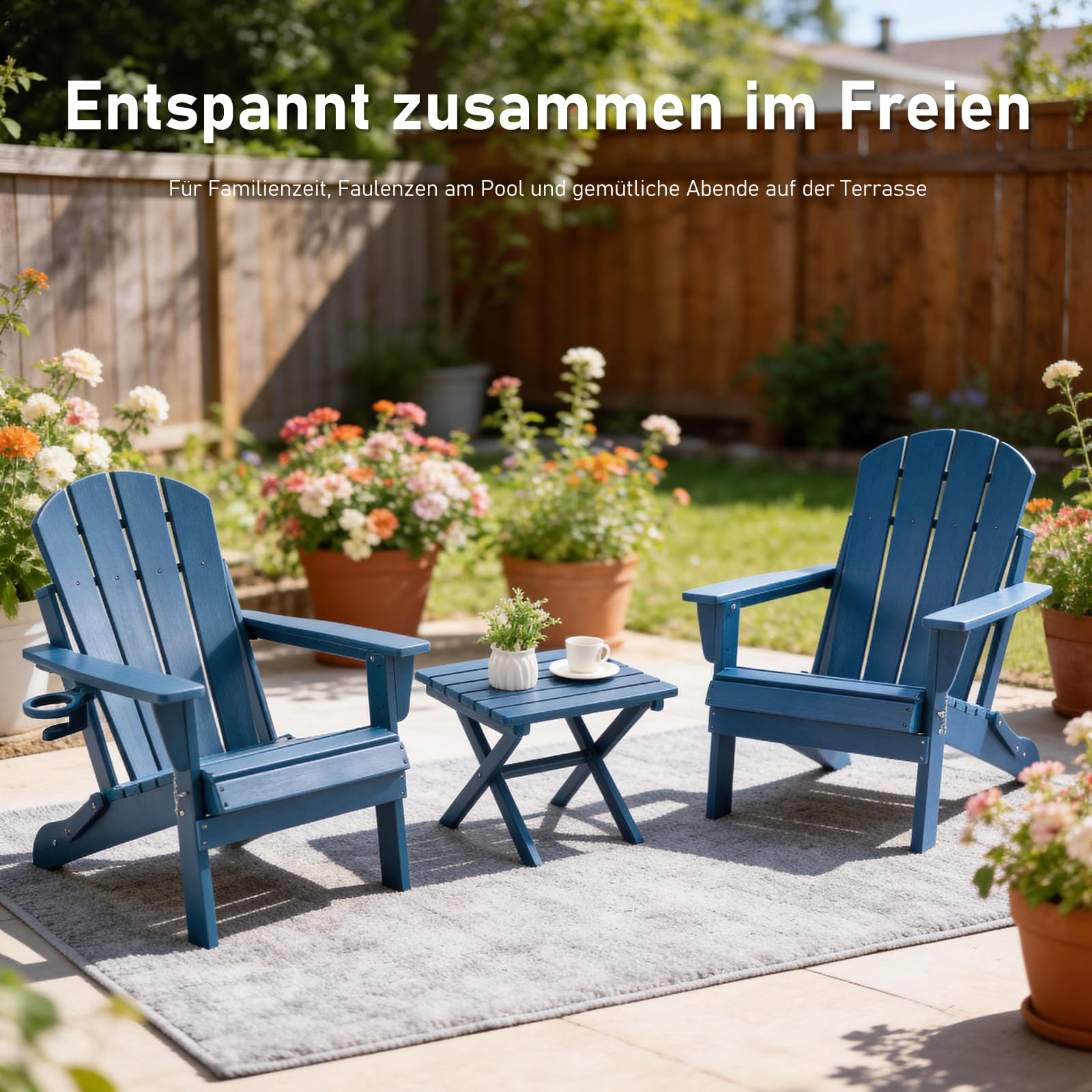 Adirondack Stuhl Klappstuhl mit Getränkehalter, Wetterfest Gartenstuhl Patio Stühle, Gartensessel aus Kunststoff für Garten, Terrasse und Balkon, Blau