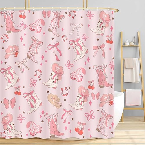 Miniatura 31 de DYNH Cortina de ducha vaquera del oeste, juego de cortina de ducha de estilo retro americano del país del salvaje oeste con vaquero montando