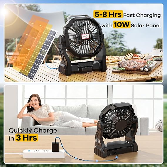 Solar Fan with LED Lantern, 10W Solar Panel Rechargeable Battery Powered Camping Fan for Outside, Portable Battery Operated Hurricane Supplies for Picnic, Barbecue, Fishing, Travel, 8-35Hrs Runtime