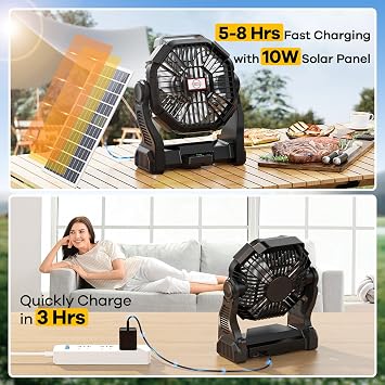 Solar Fan with LED Lantern, 10W Solar Panel Rechargeable Battery Powered Camping Fan for Outside, Portable Battery Operated Hurricane Supplies for Picnic, Barbecue, Fishing, Travel, 8-35Hrs Runtime