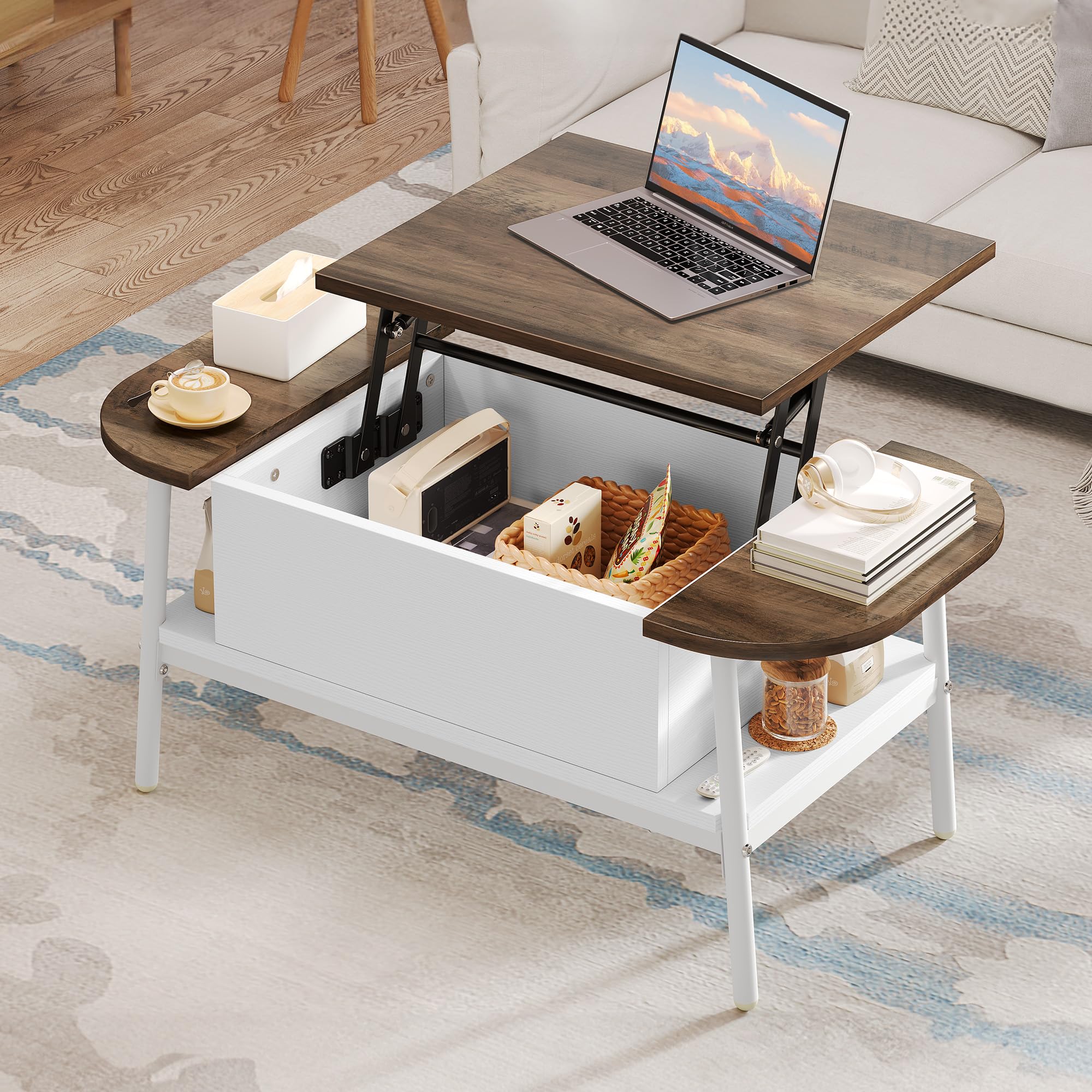 FURNITABLE Couchtisch Rund Mit Hebeplatte - Höhenverstellbar 48-62cm - Mit Stauraum Braun