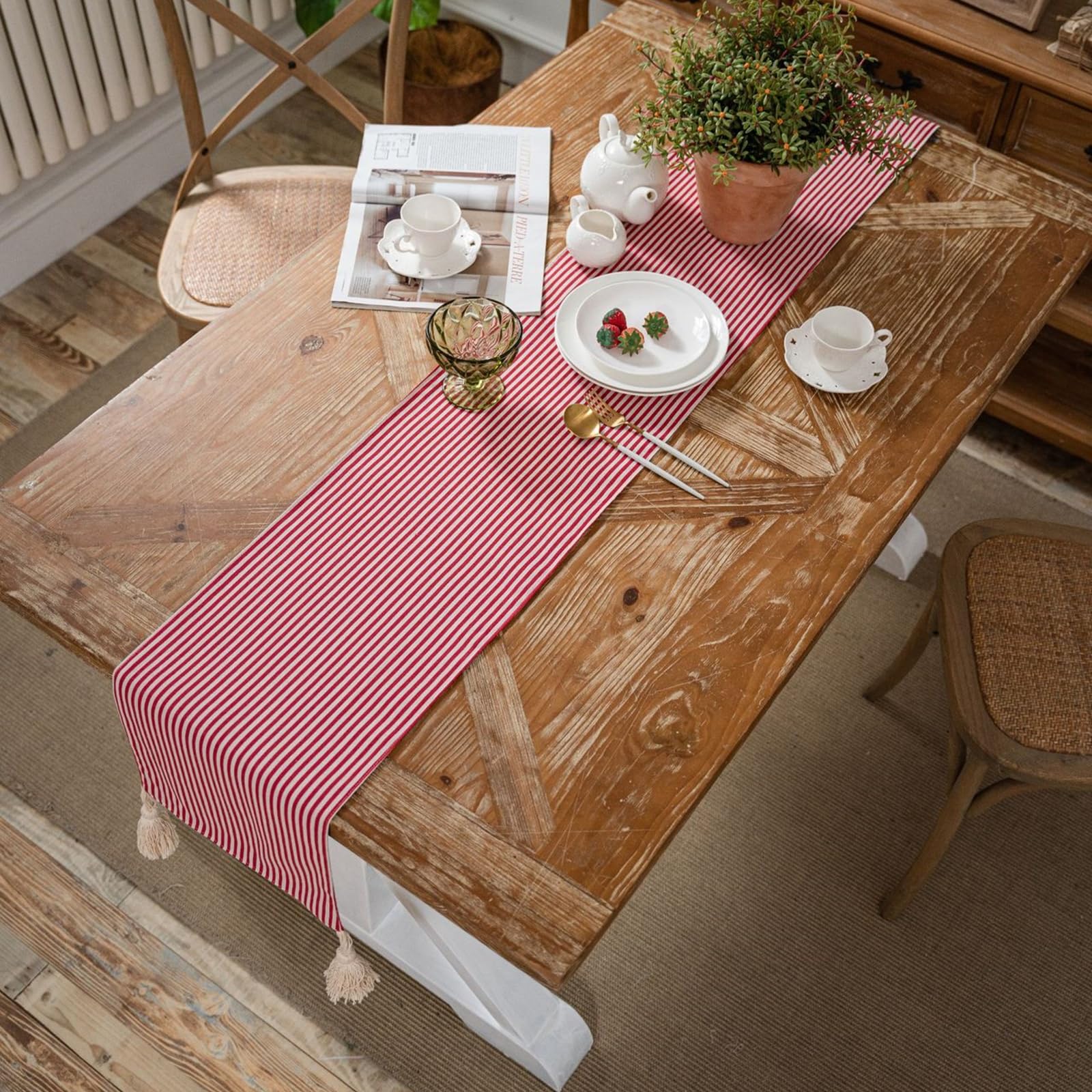 Tischläufer Polybaumwolle Modern, Tischläufer Landhausstil 33x350 cm, Rot Gestreiftes Muster mit Quasten