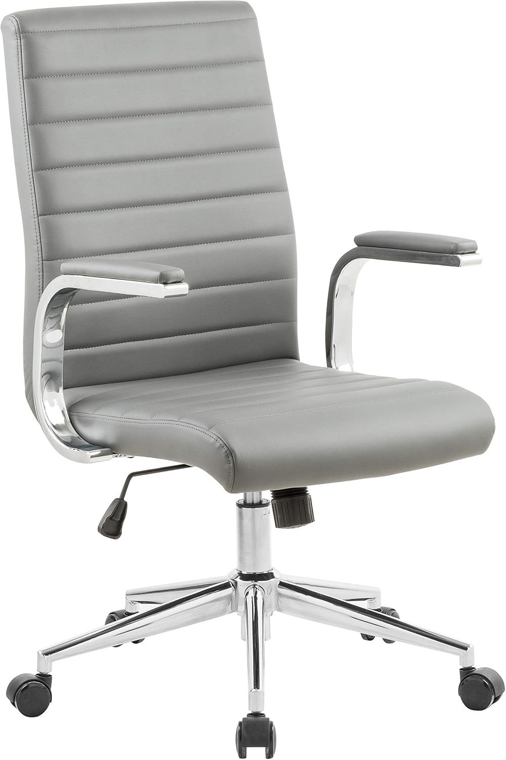 Gray Leatherette Ribbed Office Chair, Swivel- Adjustable Height Executive Modern Conference Computer Desk Chair Chromed Arms and Base (Gray)