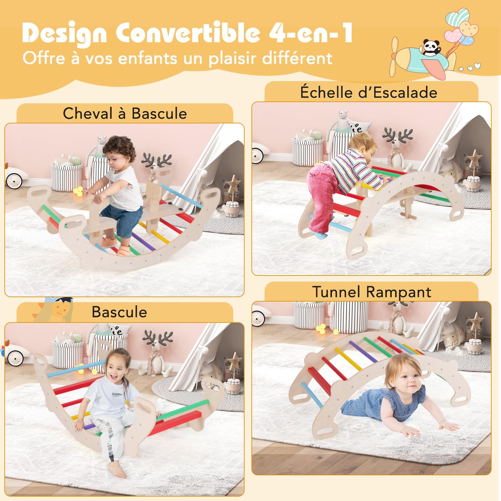 Arche D'escalade 4 En 1 Montessori - Cheval à Bascule, Tunnel Et Chaise Pour Enfants 1-5 Ans