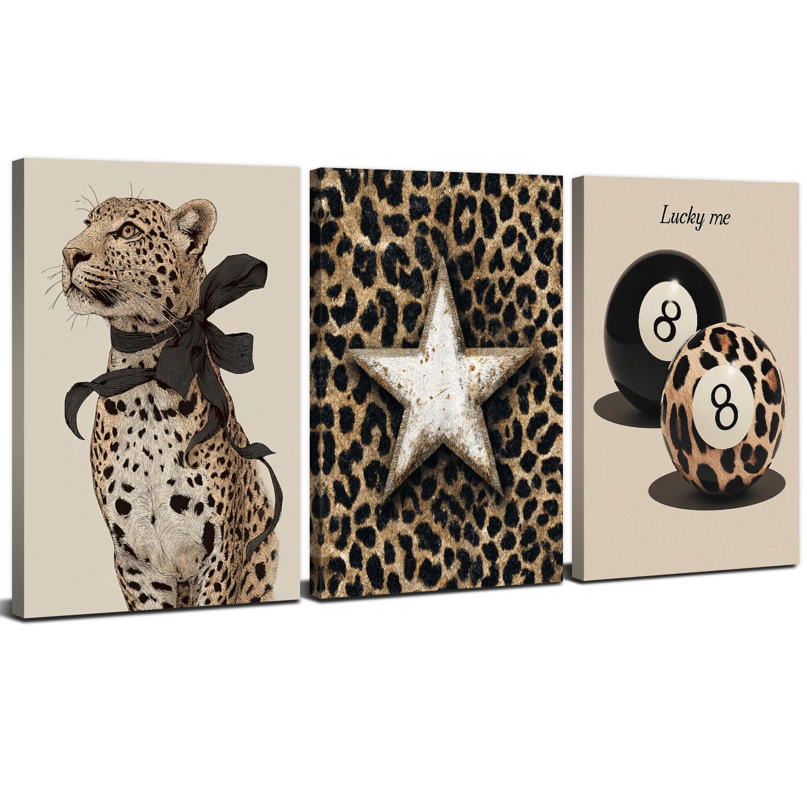 Set of 3 Beige Fashion Wall Art Aesthetic Room Decor Funky Leopard Pictures Wall Decor Minimalist Lucky 8 Ball Canvas Posters Trendy Preppy Paintings Artwork for Bedroom Living Room Decoration 12x16” — image 1
