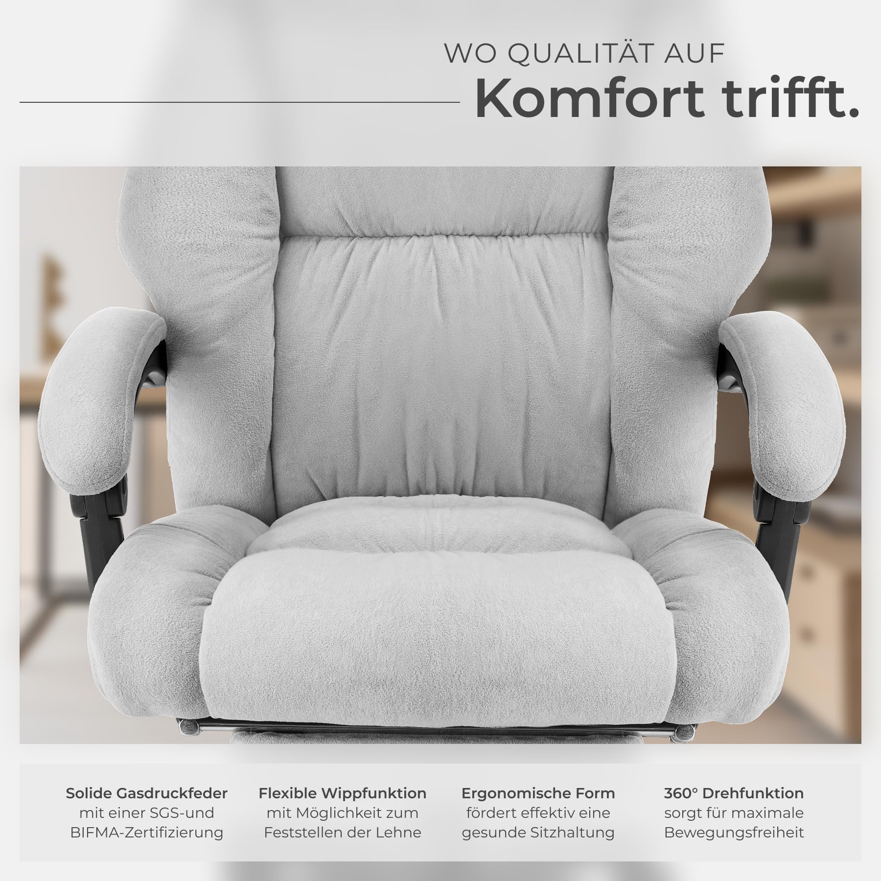tectake® Bürostuhl ergonomisch, Velour Drehstuhl, Bürostuhl mit Fußstütze, Chefsessel Schreibtischstuhl, Sessel, Gaming Stuhl, Office Chair Ergonomic, Gaming Chair - grau
