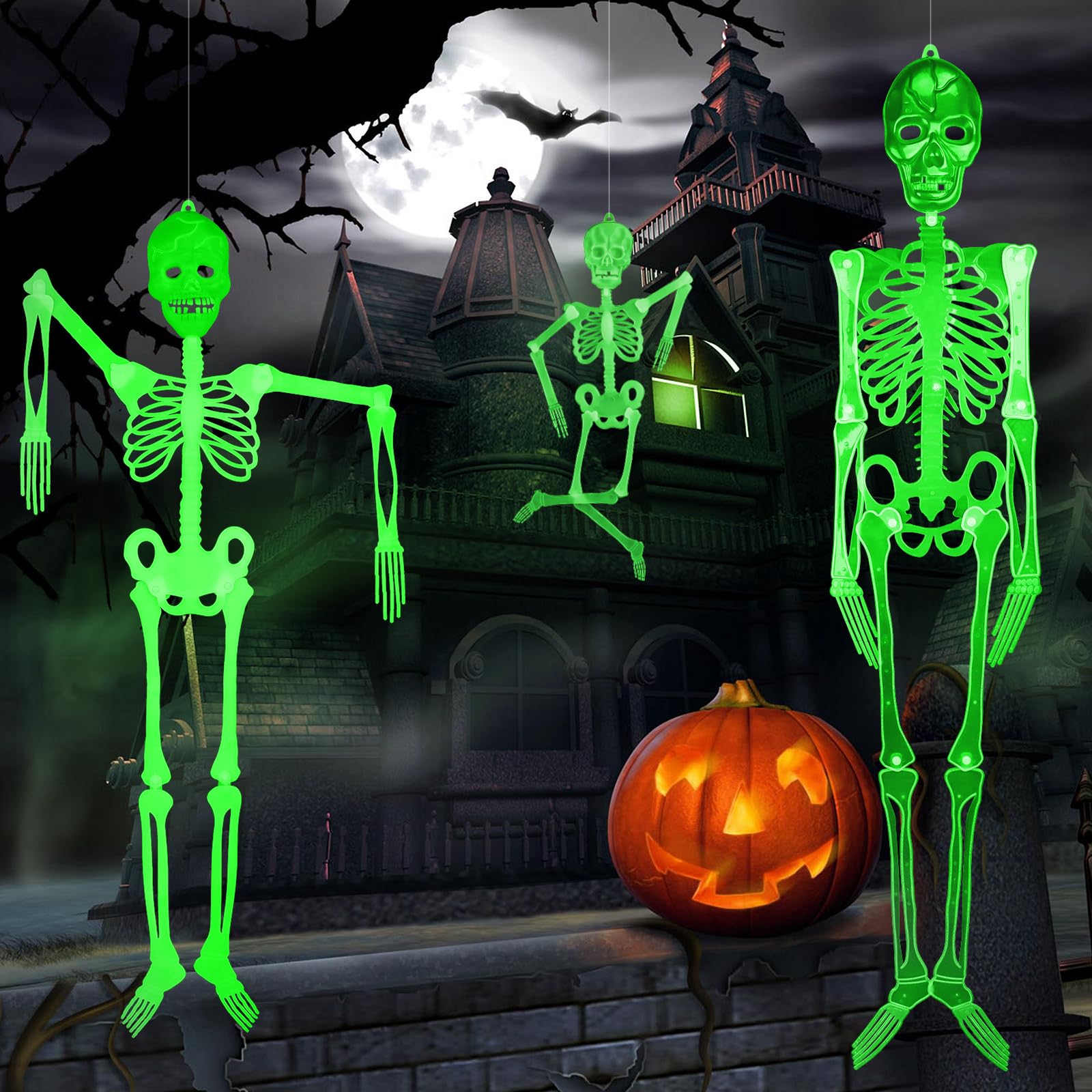 3 Stück Halloween Skelett Deko | Leuchtend Im Dunkeln | 90cm + 2x 30cm | Grusel Dekoration