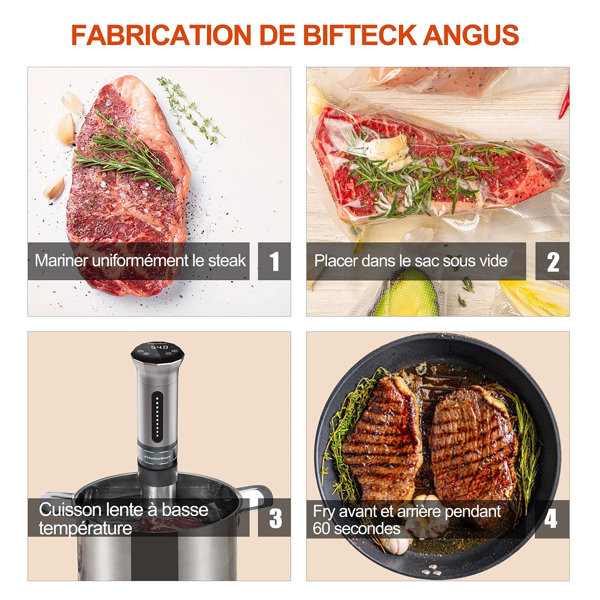 KitchenBoss Sous Vide Stick 1100 W: IPX7 resistente al agua Sous Vide Garer, ciculador de inmersión con pantalla LED y termostato ajustable para una cocción precisa, acero inoxidable plateado