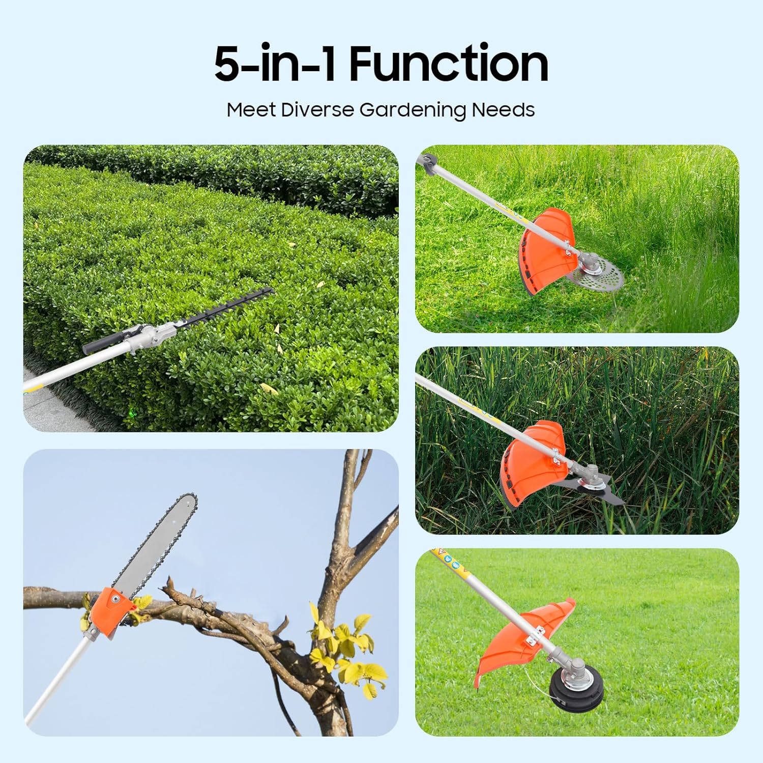 52CC 2-Stroke Multi-Functional Trimming Tools, 2.3HP 5-in-1 Hedge Trimmer Brush Cutter Pole Saw Chainsaw Pruner Gas Weed Eater with Extension Rod for Home Yard Garden Lawn