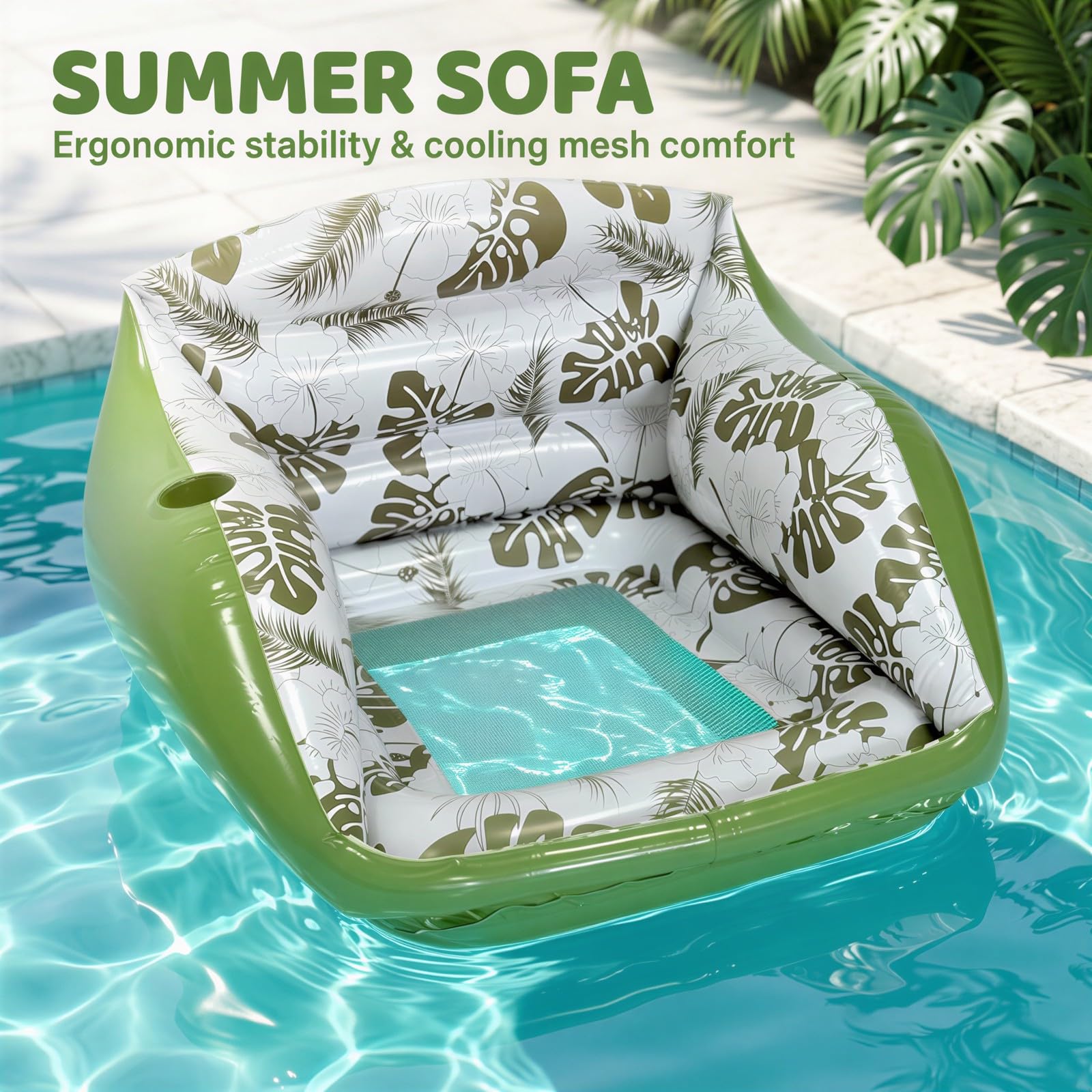 Aufblasbarer Pool-Liegestuhl mit Becherhalter, Wasser-Sofa-Float mit atmungsaktivem Netzsitz, Tropische Deko für warme Tage am Pool, See und Strand
