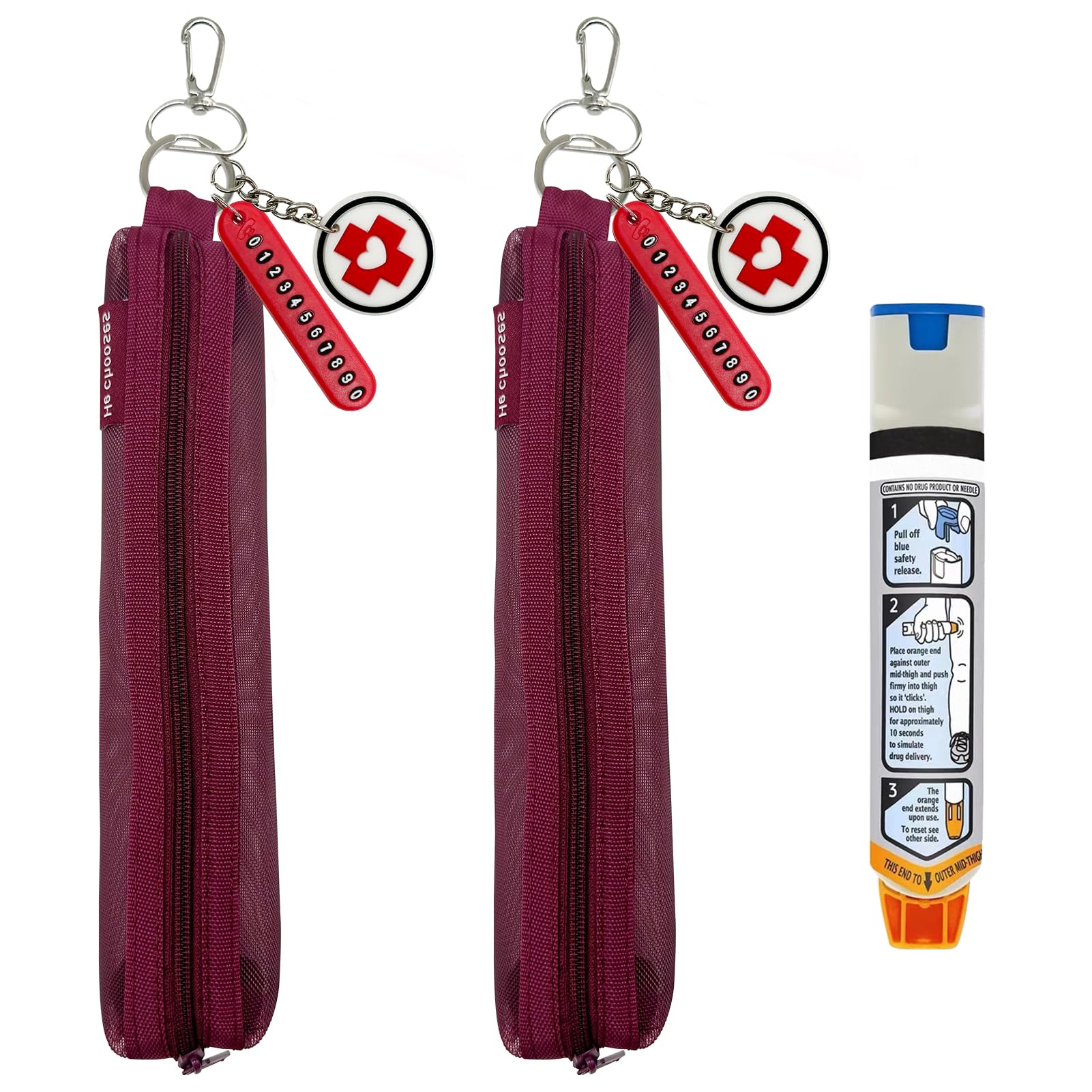 2 Packs Mini Red Mesh Epi Pens Carrying Case - Convenient Travel Case for Allergy and Diabetes EpiPen Carrier - Fits Put in 1 Epi Pens (Including Number Tag & MED Logo Charm) (Red)