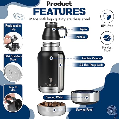 Miniatura 4 de Botella de agua portátil para perros con 2 cuencos de agua extraíbles para perros, botella de agua de acero inoxidable aislada a prueba de fugas